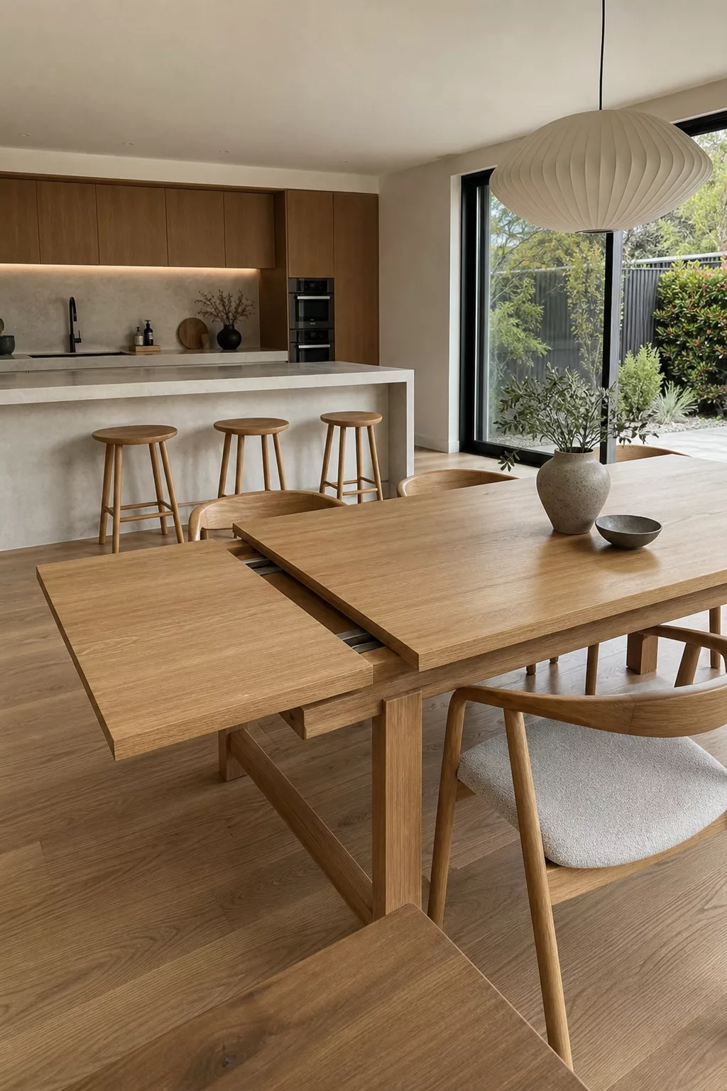 Japandi kitchen table ideas: extendable wood dining table in open-plan kitchen