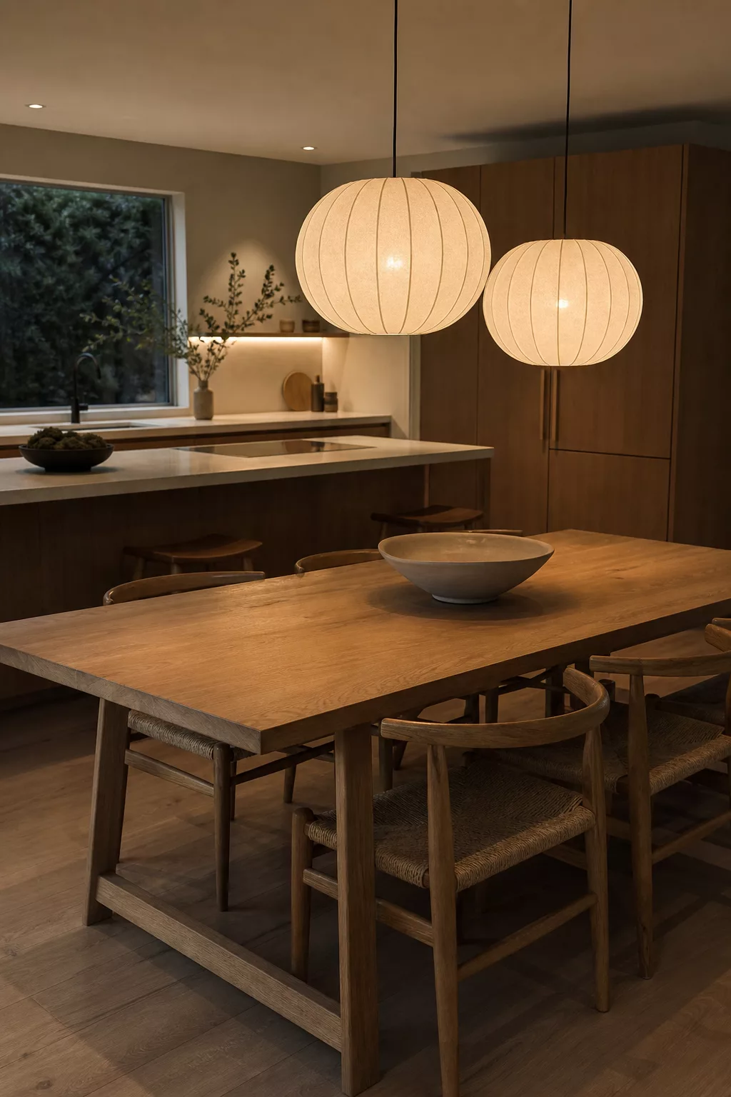 Japandi kitchen table ideas with paper pendant lights over a wood dining table