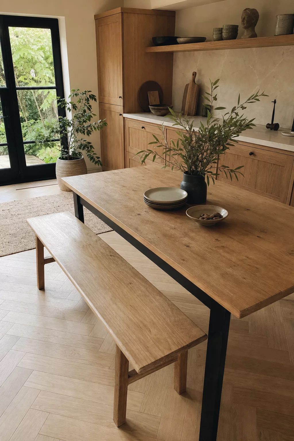 Two-tone wood table and bench in a Japandi kitchen table ideas setting