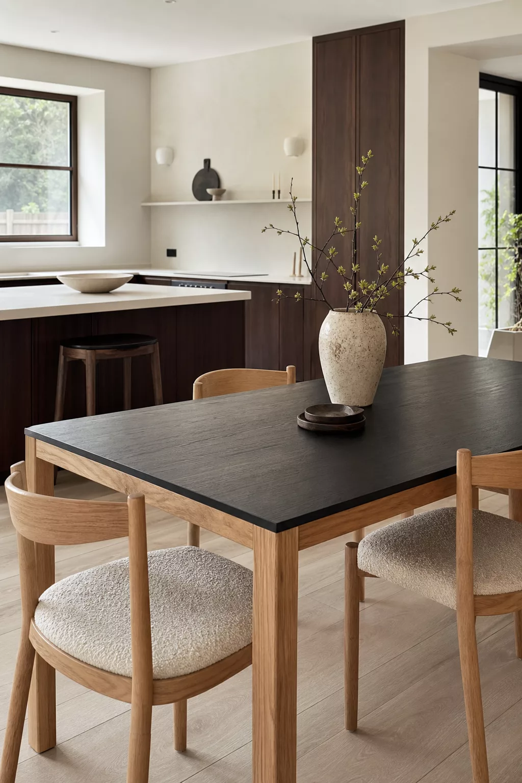 Charcoal tabletop and oak legs, one of several Japandi kitchen table ideas for contrast