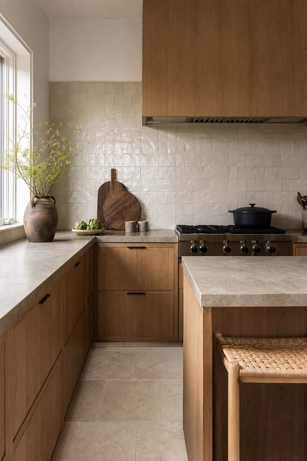 Oatmeal zellige tile backsplash in a Japandi kitchen with oak cabinetry
