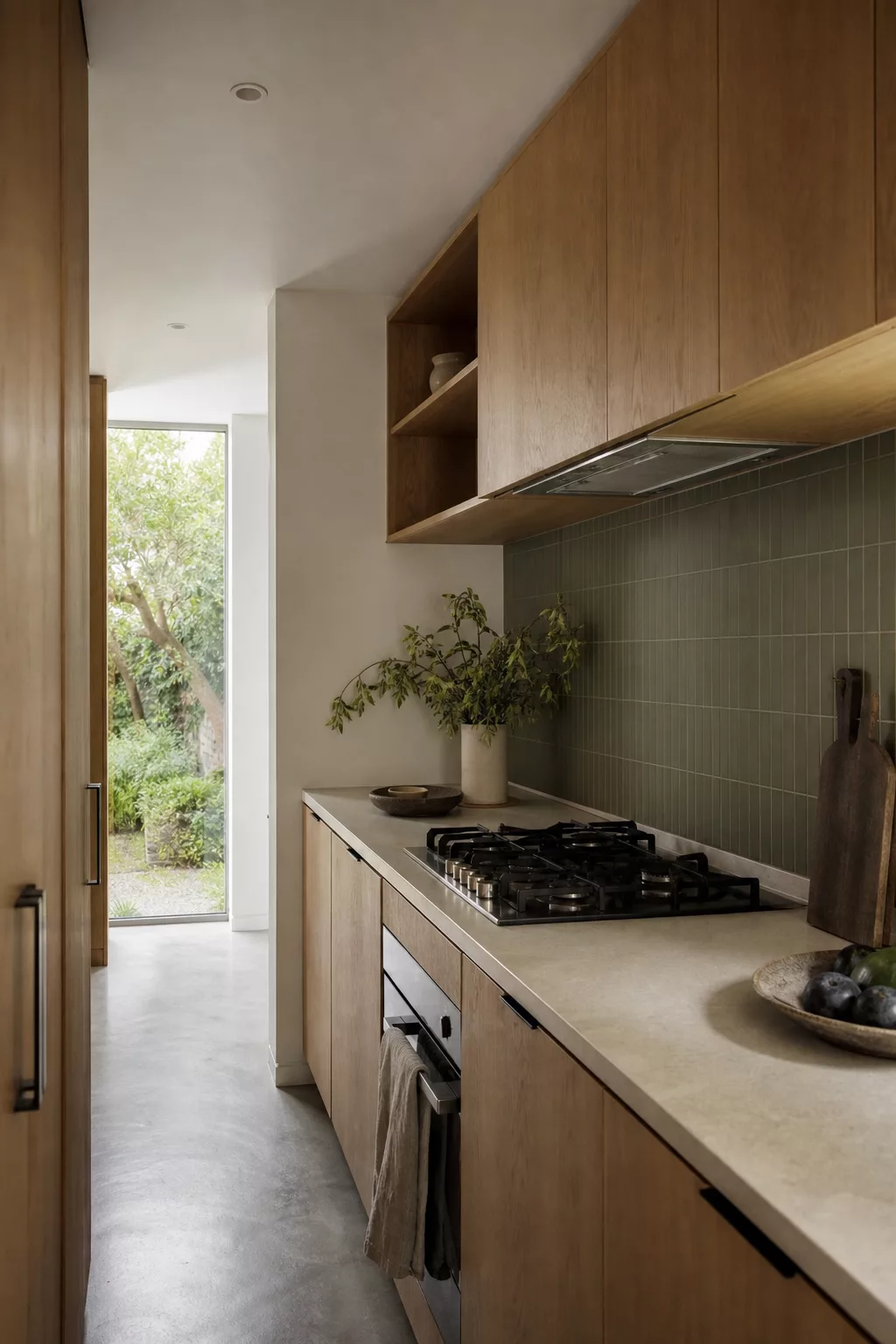 Japandi kitchen tiles in matte olive green backsplash behind a wood cabinet cooktop