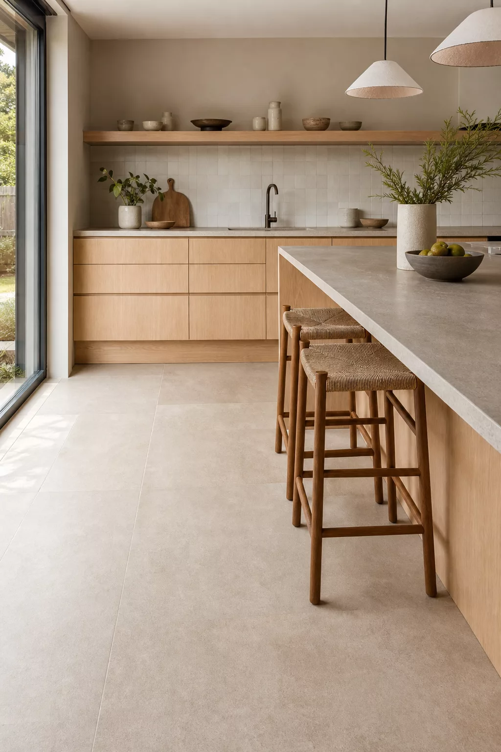 Pale clay-toned floor tiles