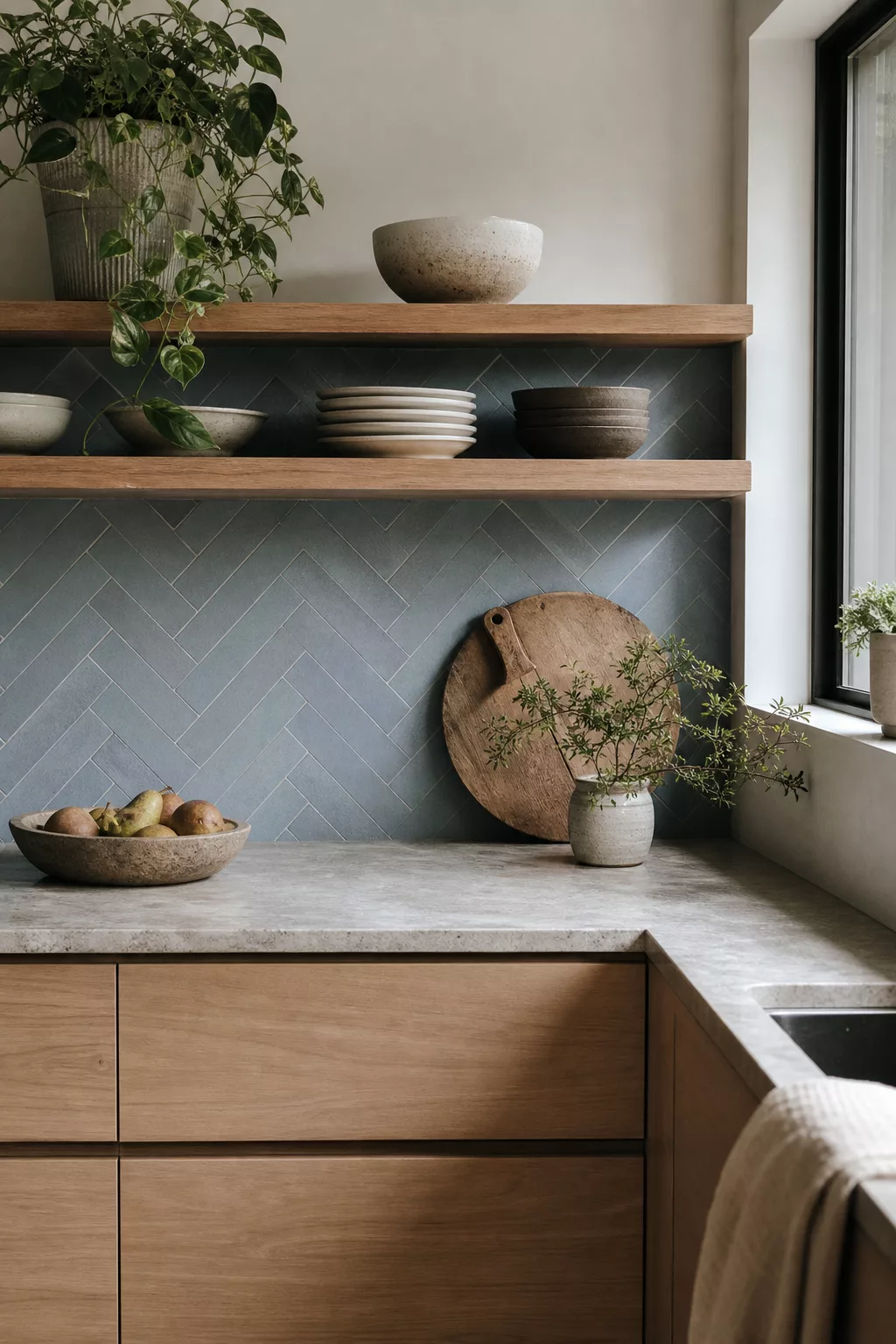 Japandi kitchen tiles in soft blue-gray herringbone pattern above wood counter
