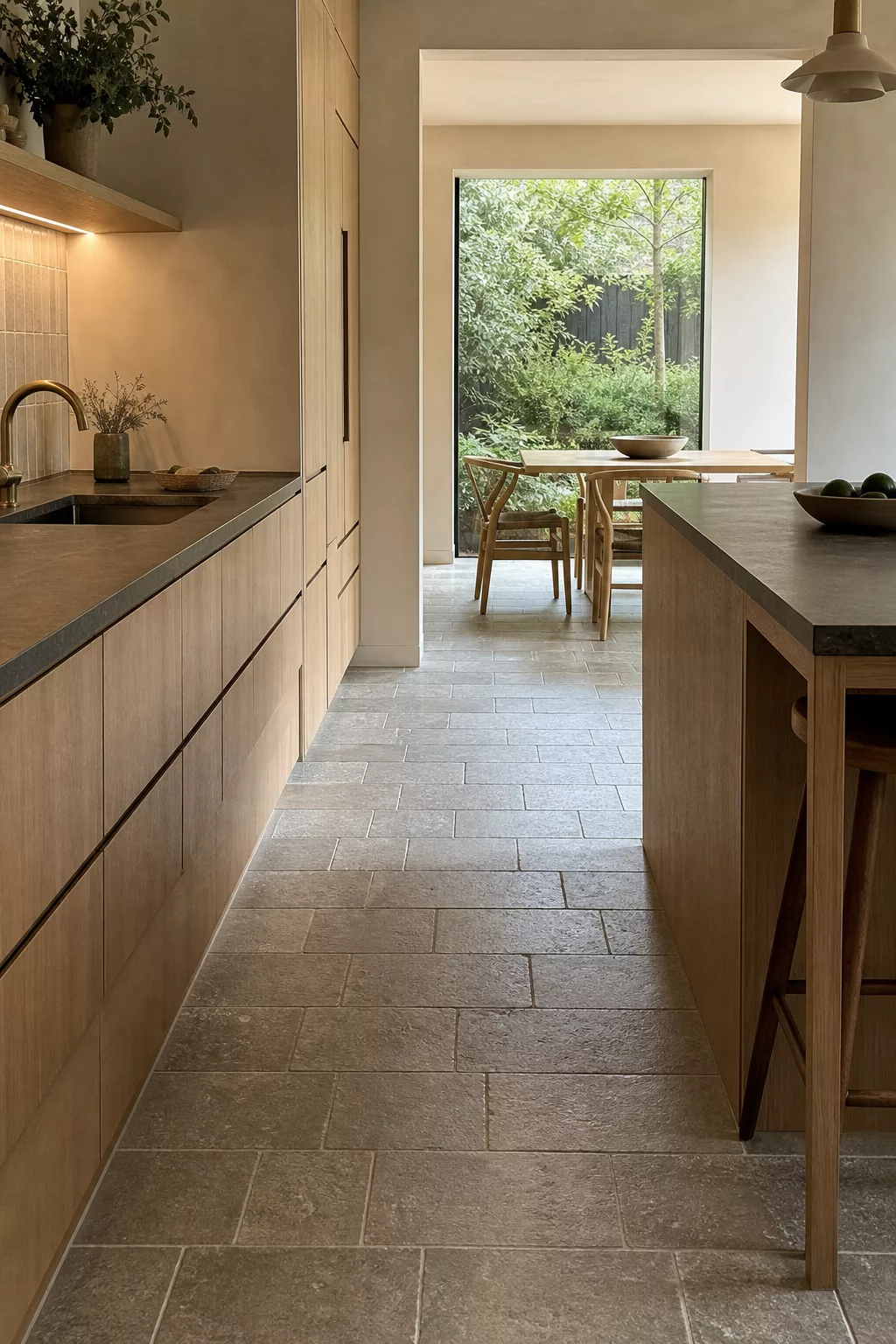 Japandi kitchen tiles shown as brick-cut natural stone flooring running into dining area