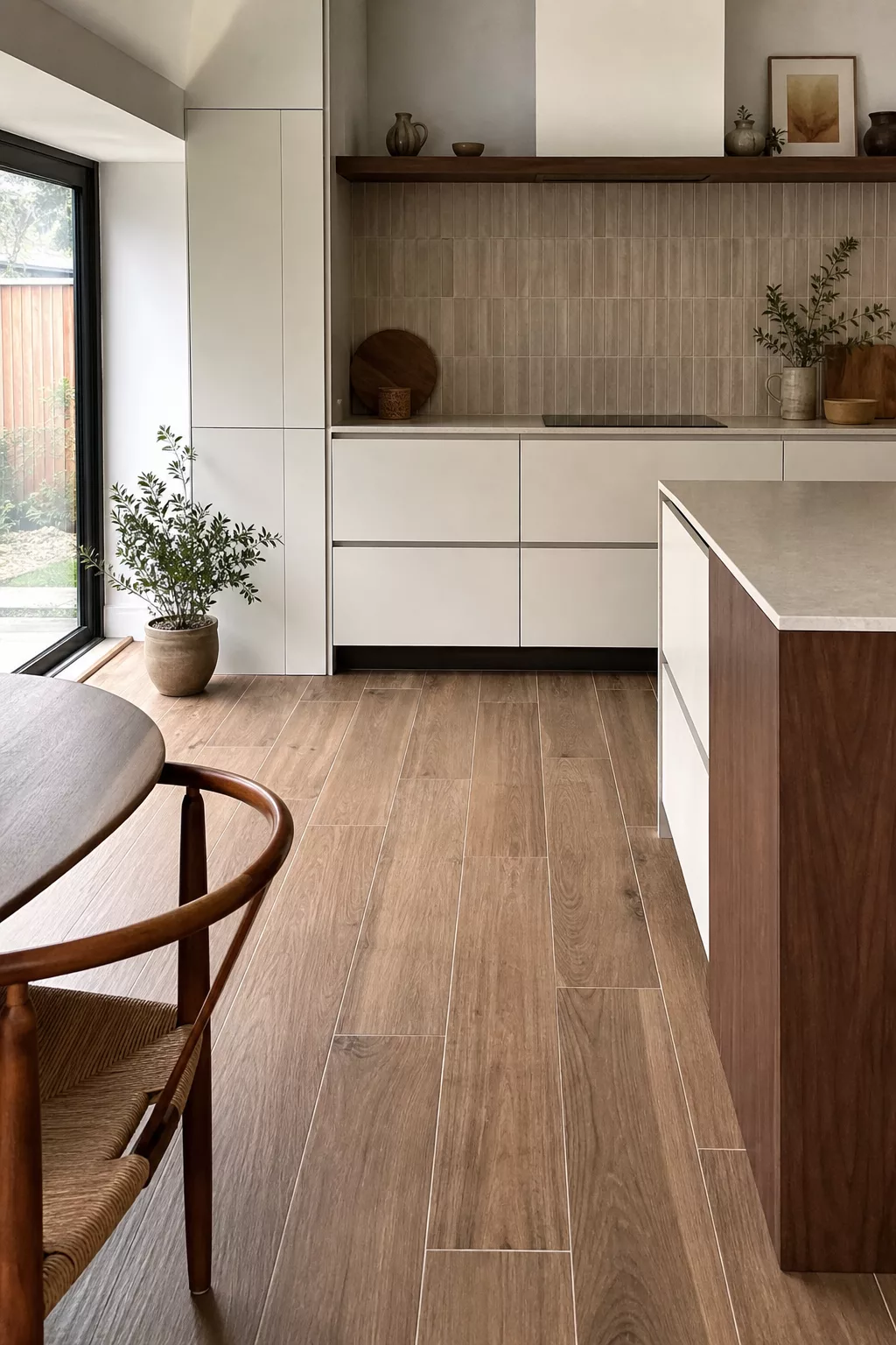 Japandi kitchen tiles in deep walnut wood-look plank flooring beside white cabinetry