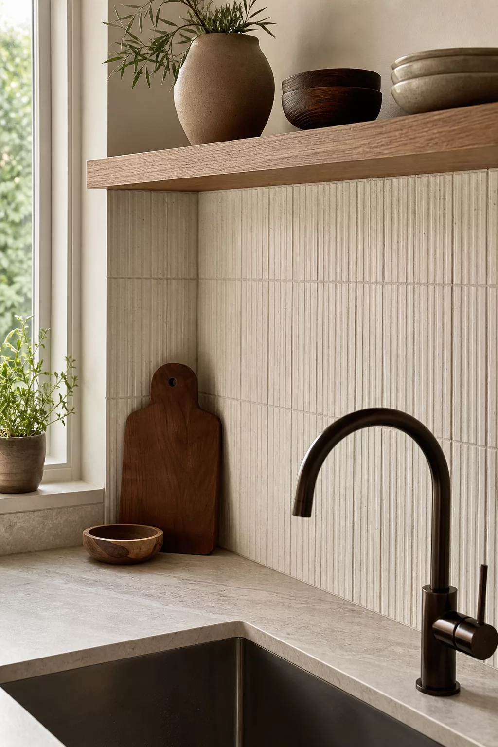 Off-white ribbed Japandi kitchen tiles behind sink with wood shelf and pottery
