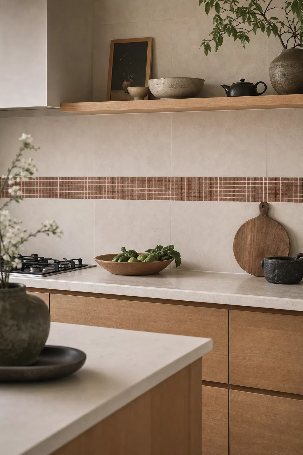Rust mosaic tile accent strip on a Japandi kitchen backsplash between wood cabinets