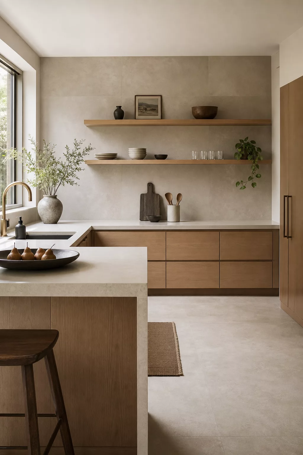 Japandi kitchen tiles in soft taupe large-format panels behind wood open shelving
