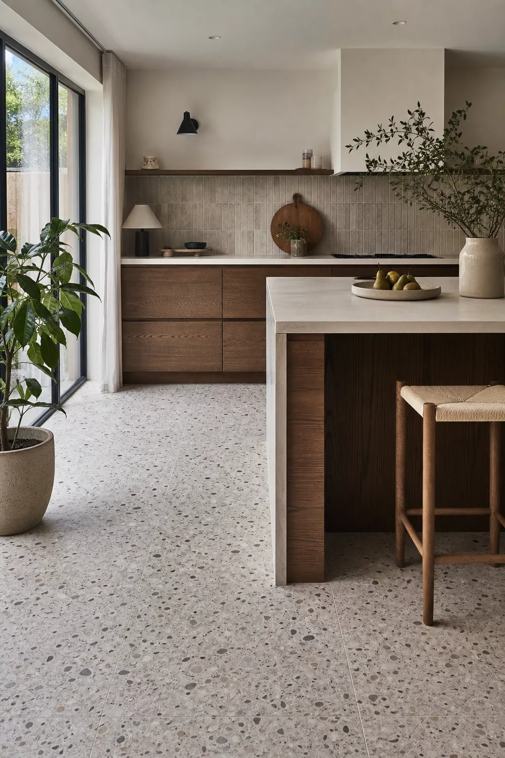 Japandi kitchen tiles: speckled terrazzo-look floor with wood island and cabinetry