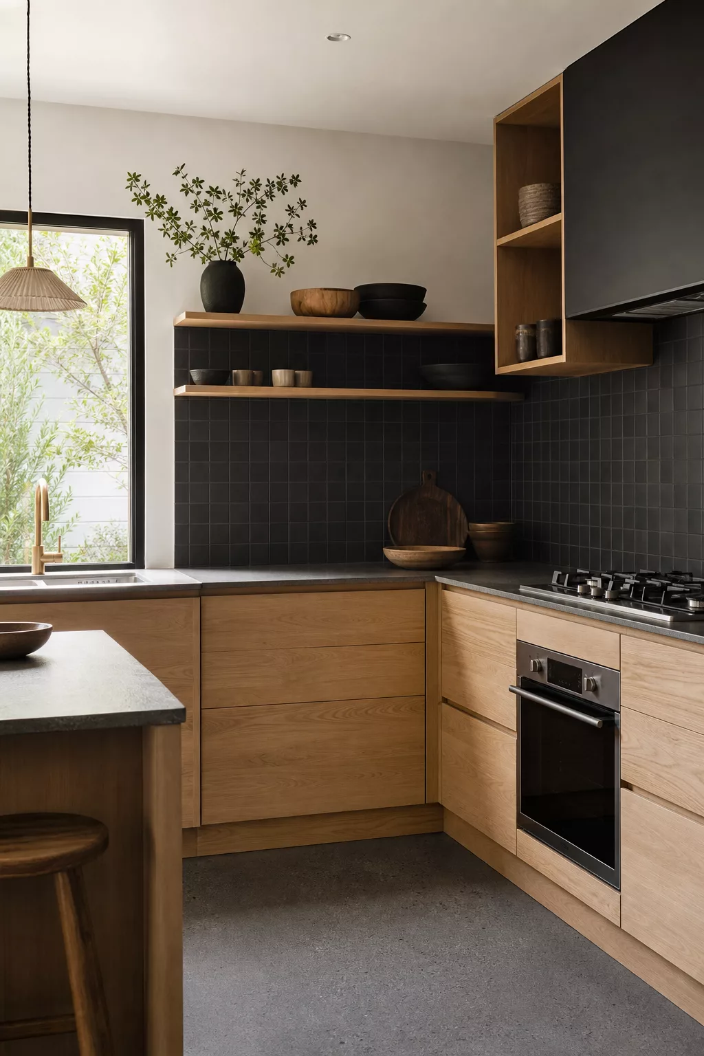 Japandi kitchen tiles in matte charcoal square backsplash against pale wood cabinets