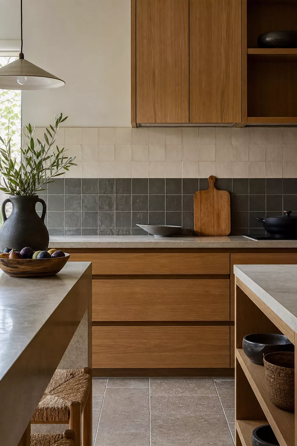 Japandi kitchen tiles shown as two-tone tile wainscoting above wood cabinetry