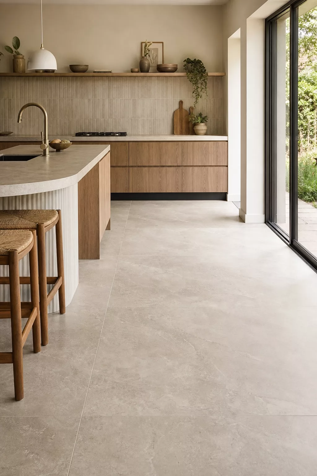 Japandi kitchen tiles shown as large-format stone-look flooring with wood cabinetry