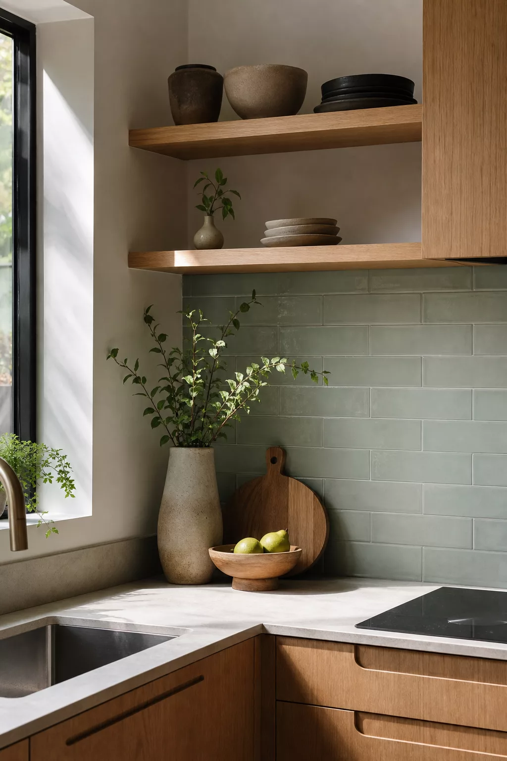Sage green subway tile backsplash in a Japandi kitchen with oak shelving