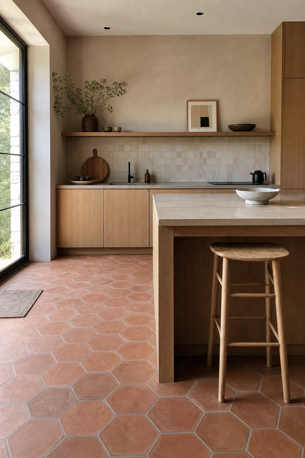 Japandi kitchen tiles shown as terracotta hexagon flooring with oak cabinetry