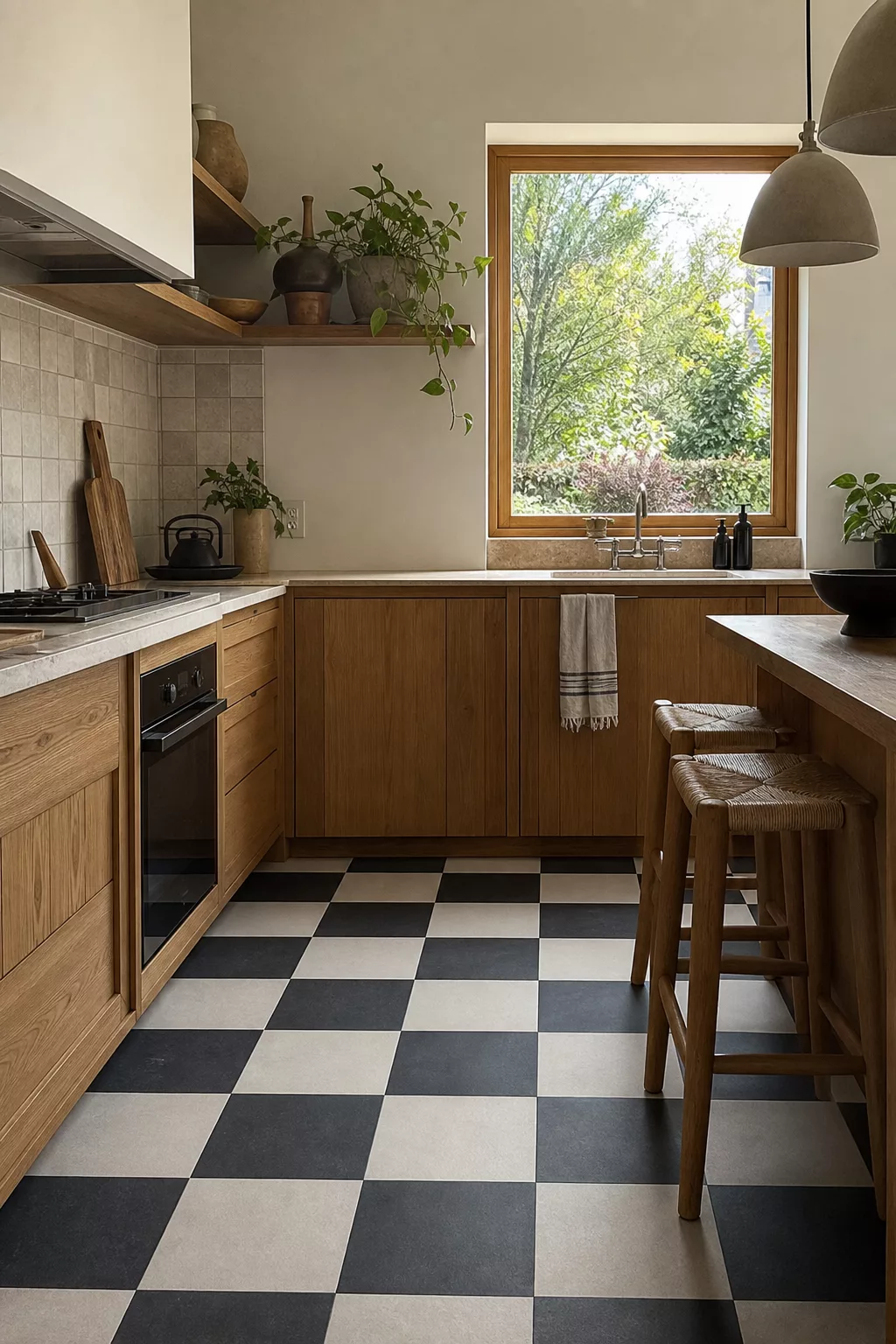 Japandi kitchen tiles in a muted black and white checkerboard floor pattern with wood cabinetry
