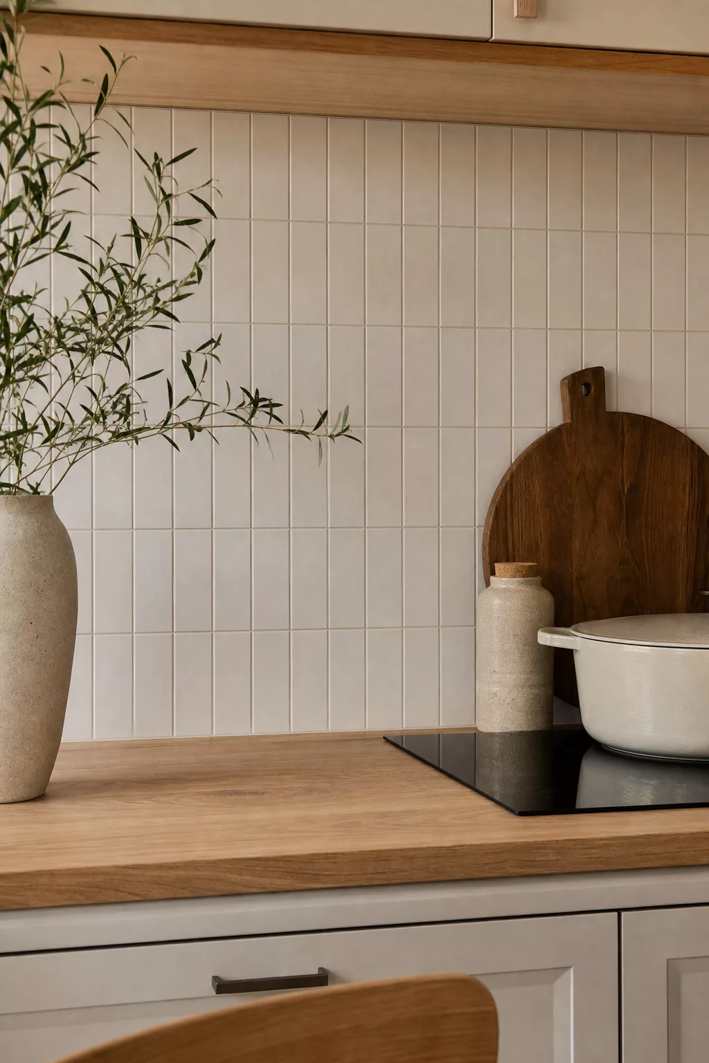 Japandi kitchen tiles in ivory stacked bond pattern above wood countertop
