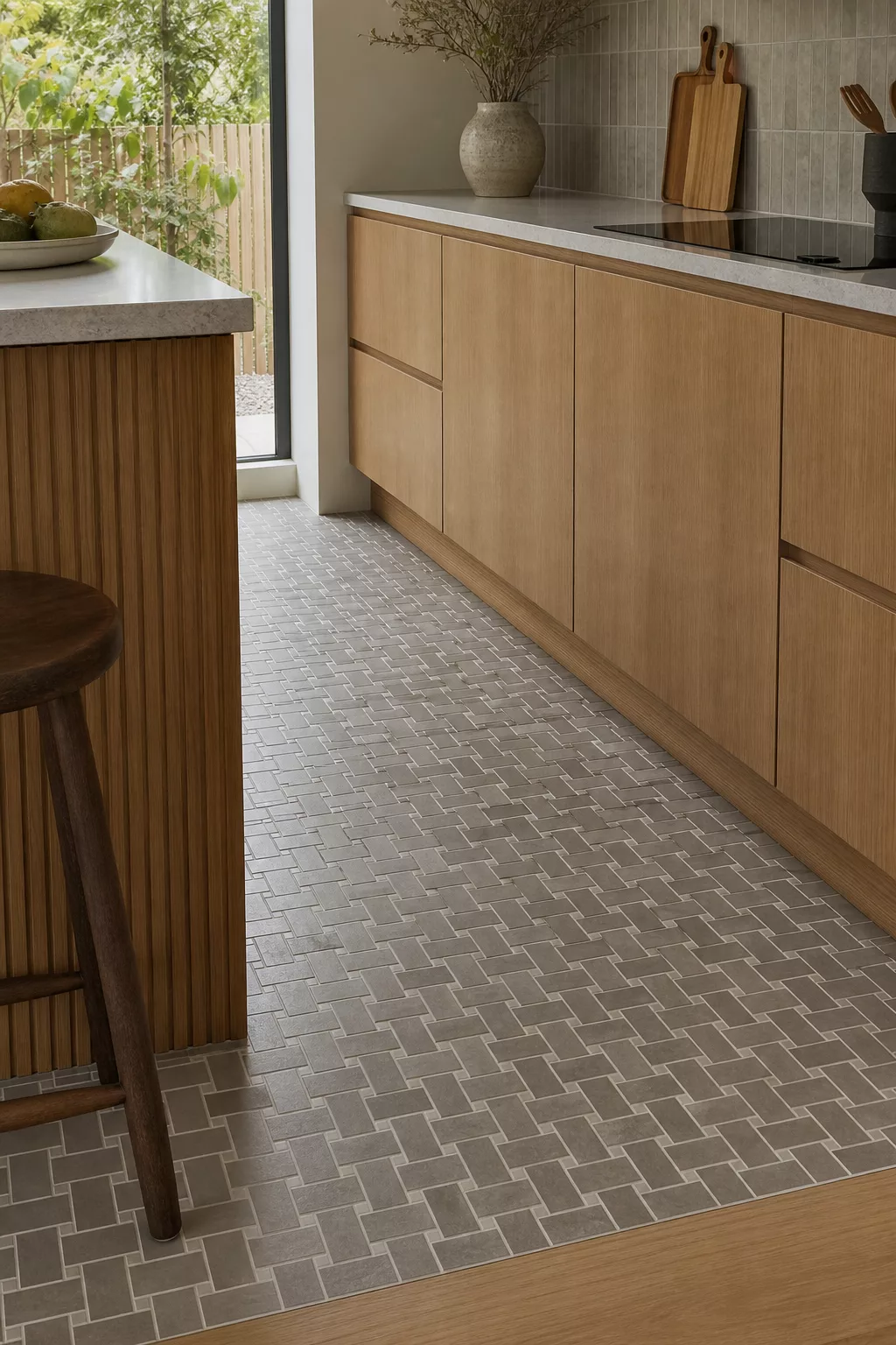 Warm gray basketweave Japandi kitchen tiles on floor beside wood island