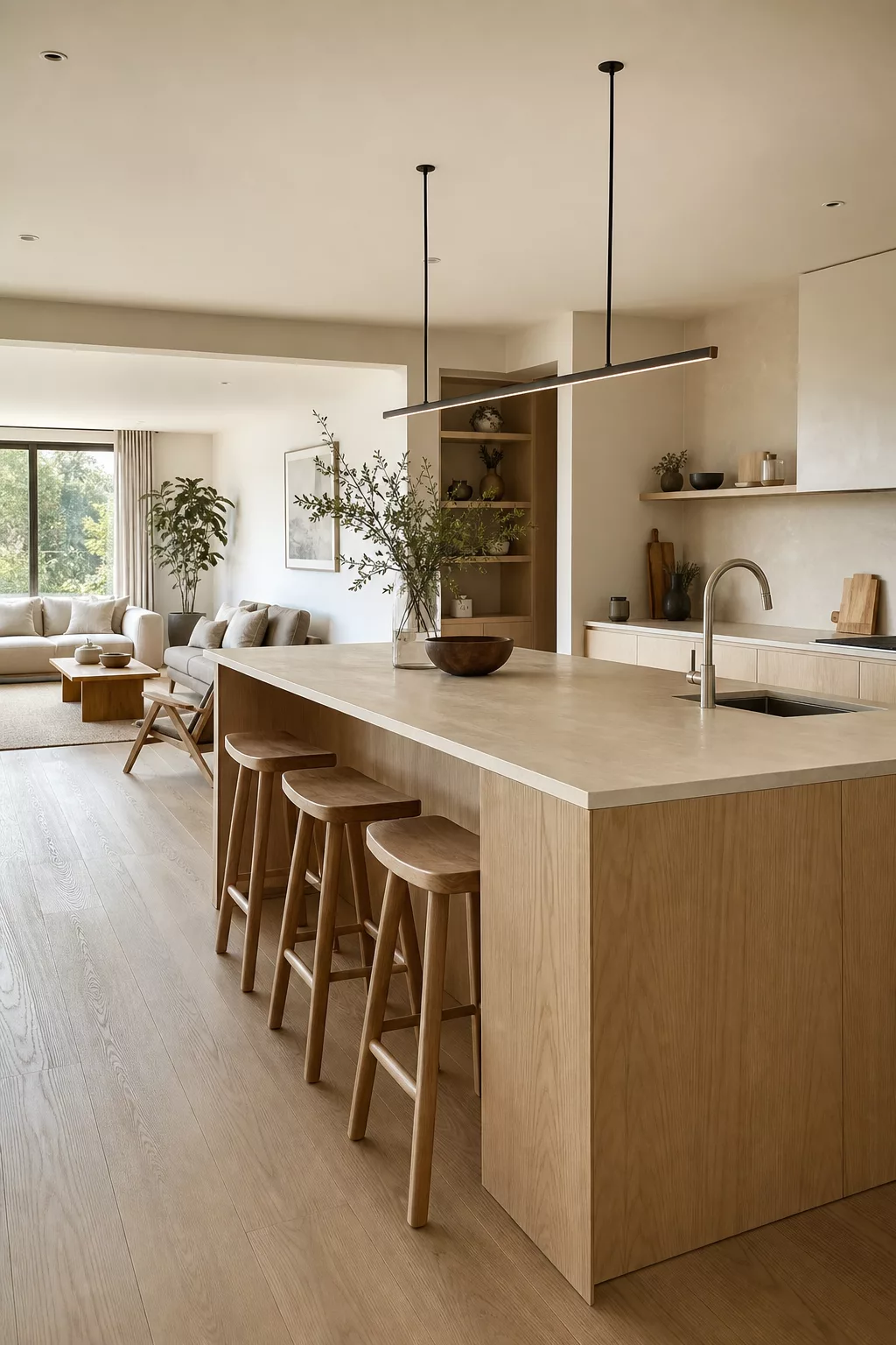 Open-plan Japandi kitchen design with pale oak island and minimal cabinetry