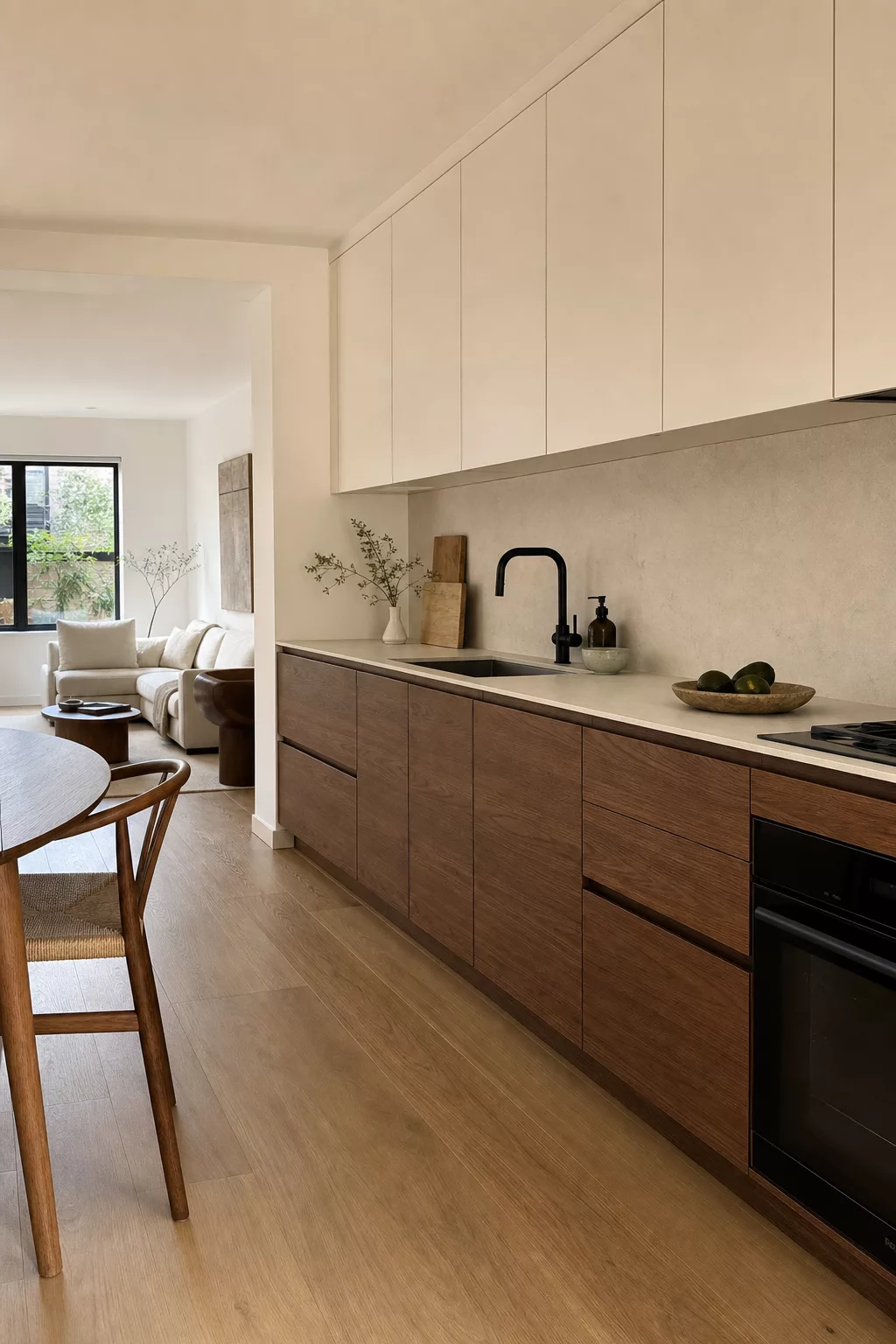 Cream and walnut two-tone cabinets in a Japandi open kitchen design galley layout