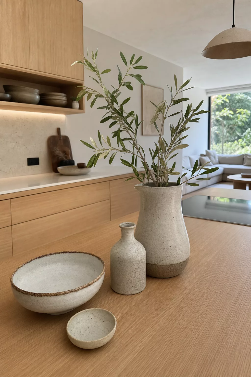 Speckled ceramic vases and bowls styled on oak counter in Japandi open kitchen design