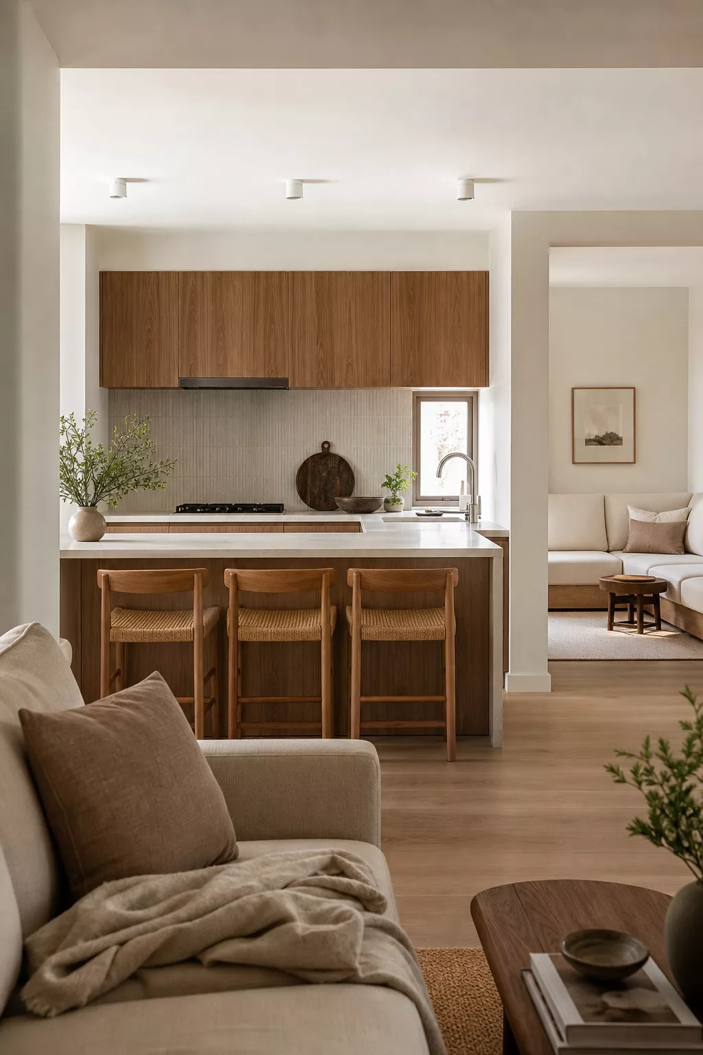 Walnut peninsula and open sightline in a Japandi open kitchen design