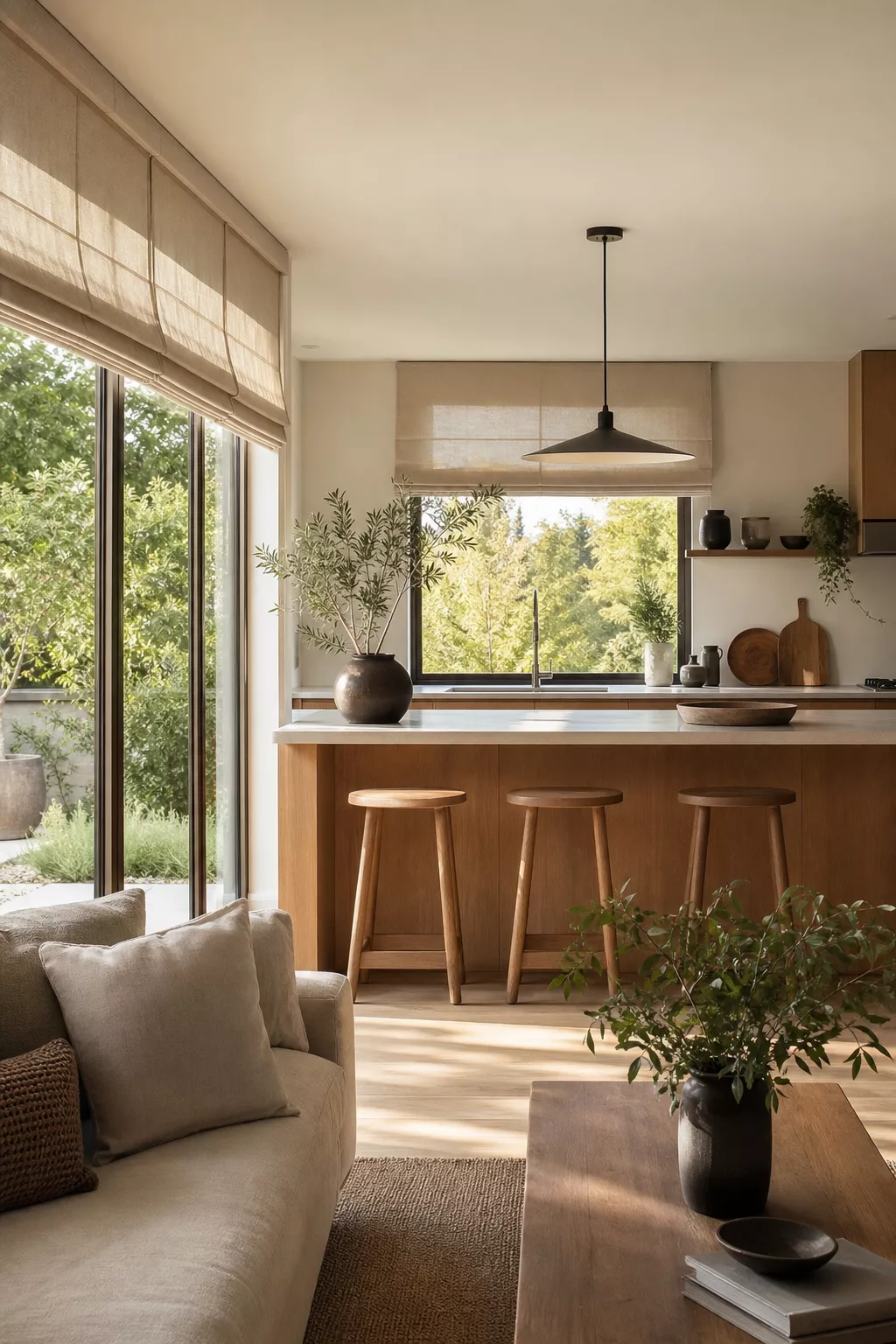 Japandi open kitchen design with linen roman shades filtering natural light over wood counter