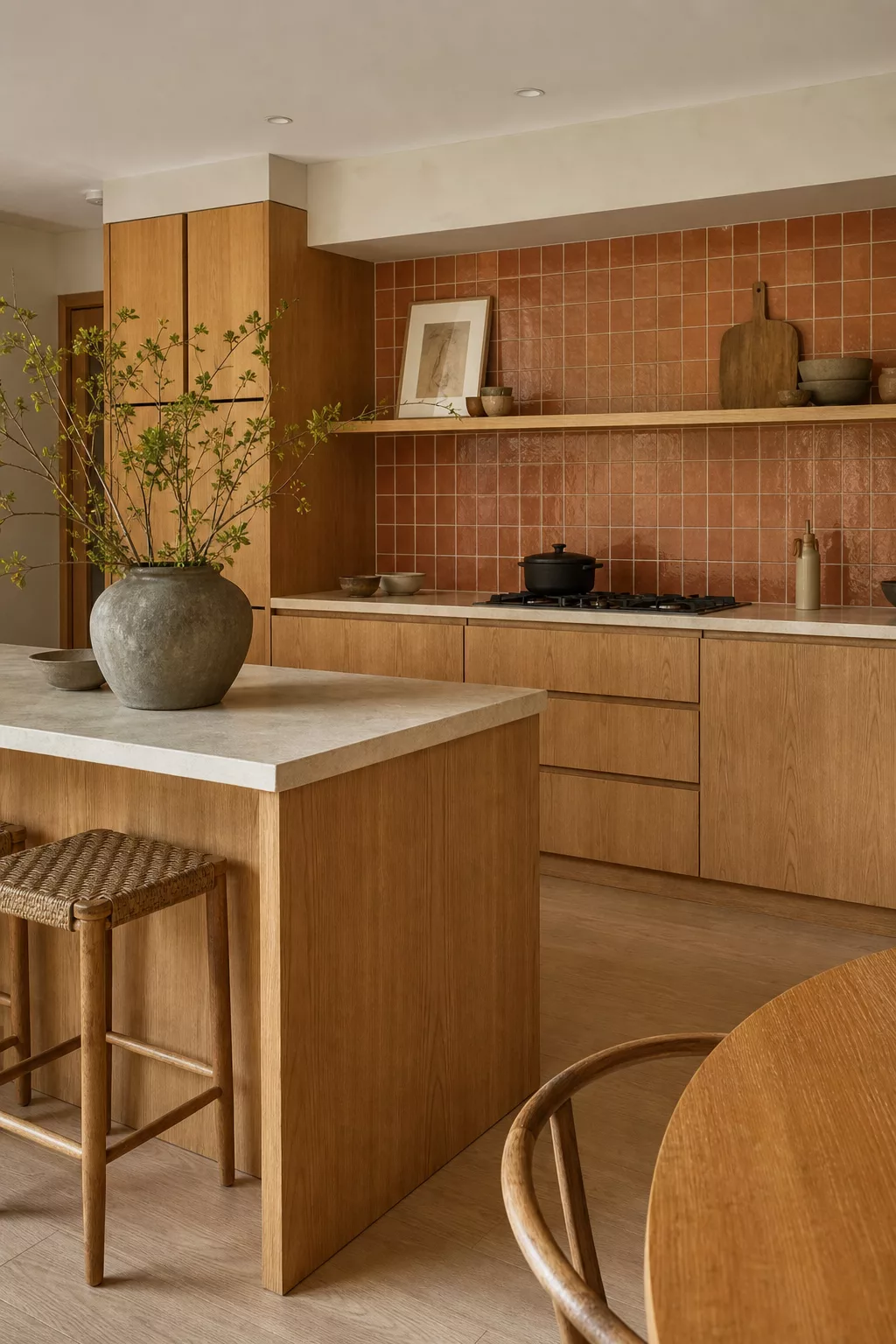 Terracotta zellige tile backsplash in a Japandi open kitchen design with oak cabinetry