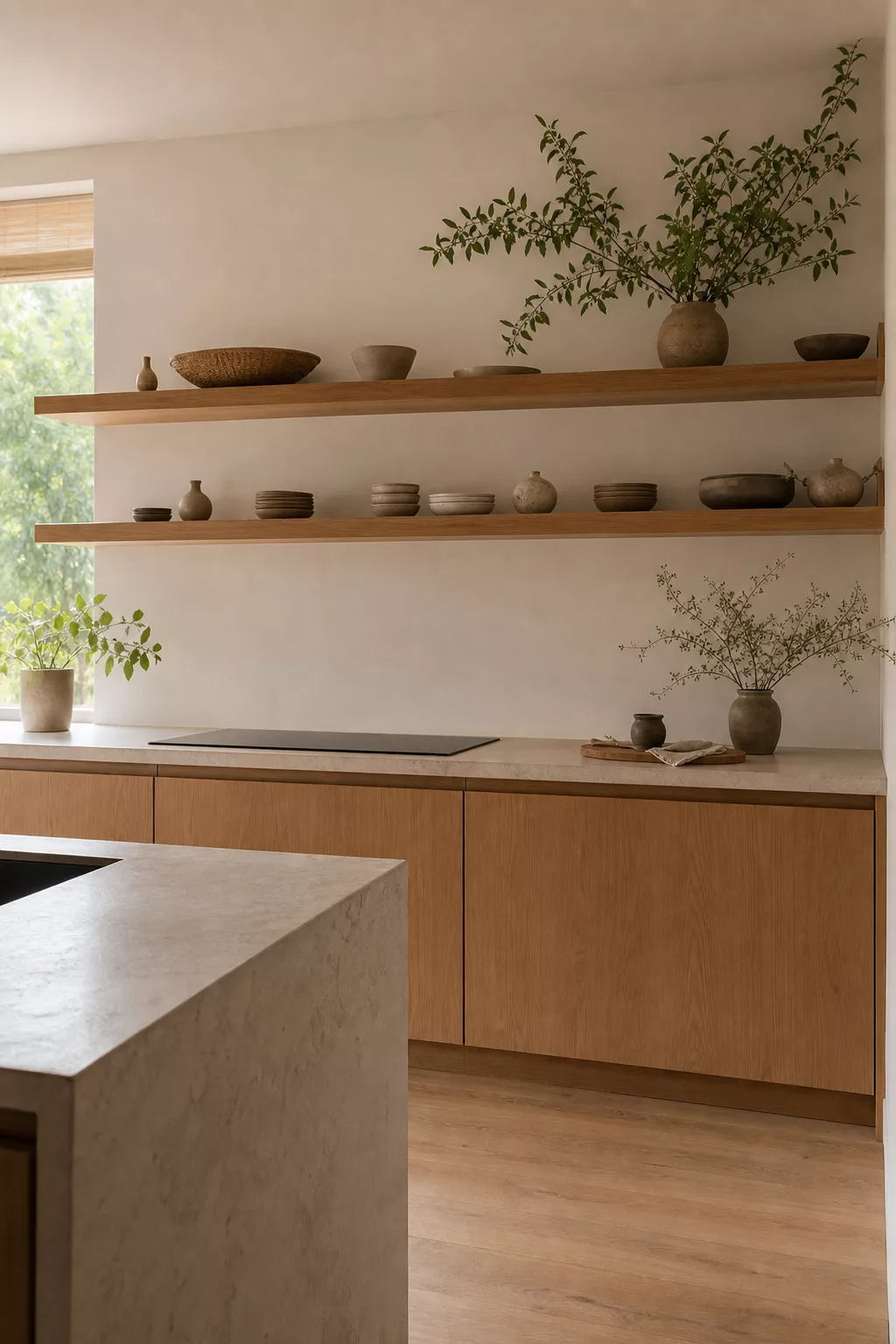 Floating wood shelves with pottery in a Japandi open kitchen design