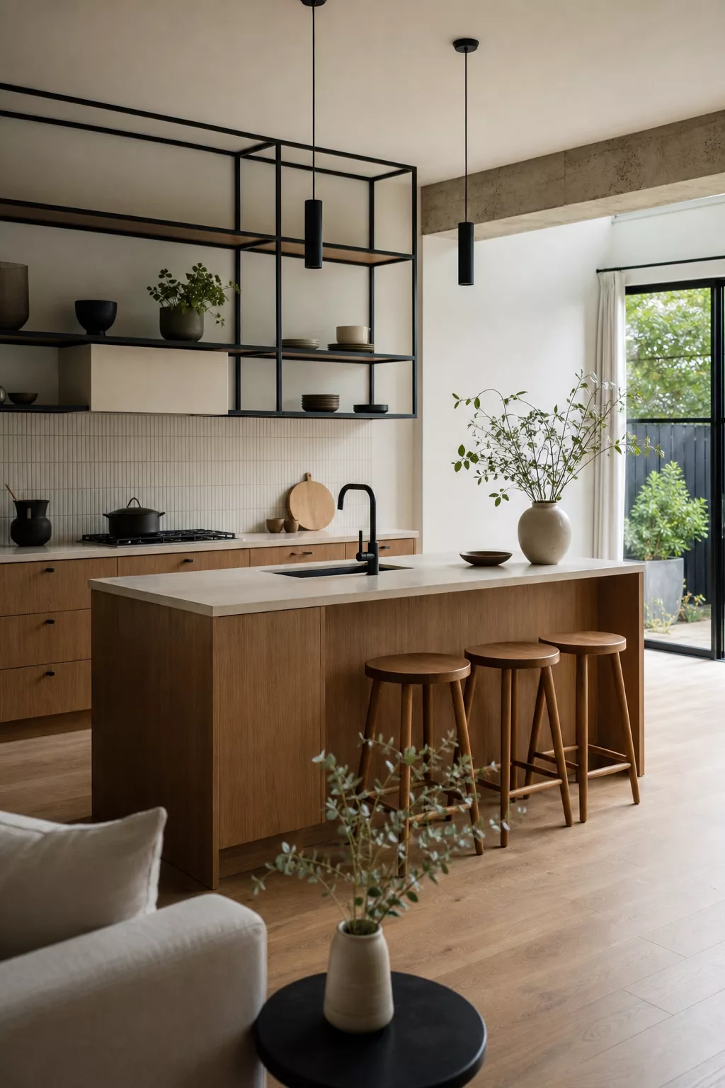 Open Japandi kitchen design with black steel frame shelving above a wood island