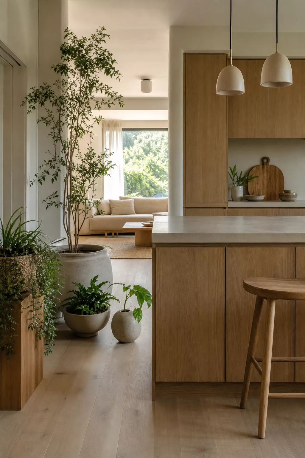 Open Japandi kitchen designs with a potted plant corner beside natural wood cabinetry
