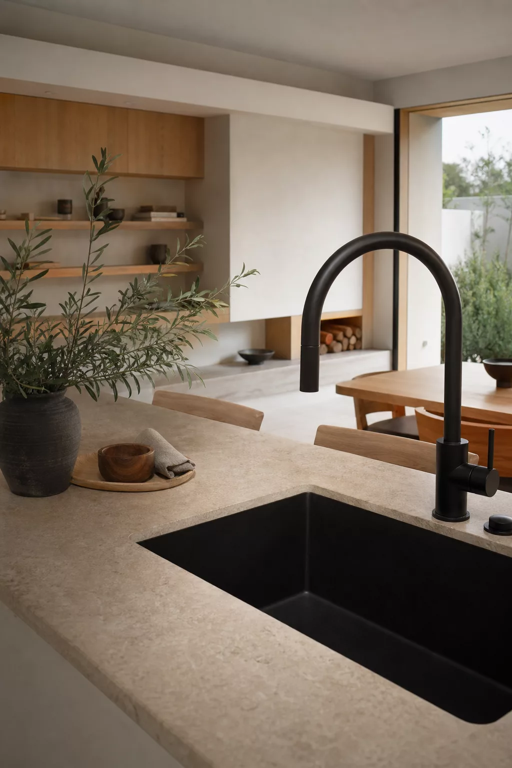 Matte black faucet over stone sink in a Japandi open kitchen design