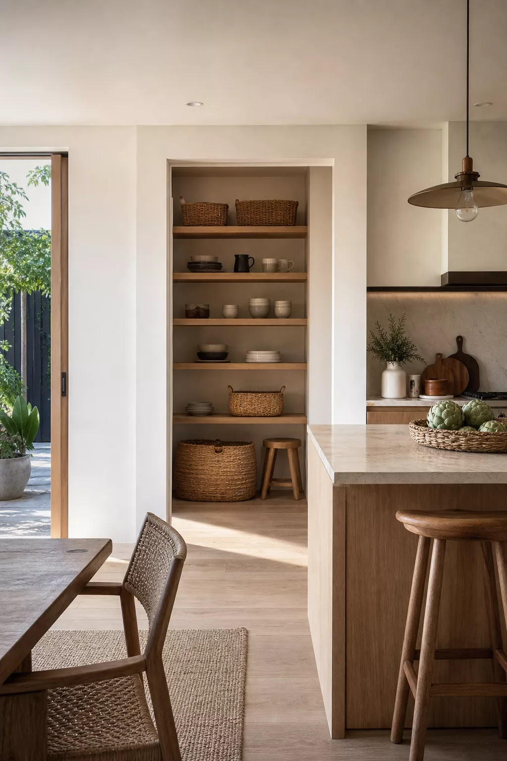 Open pantry nook with wood shelving and baskets, Japandi open kitchen design