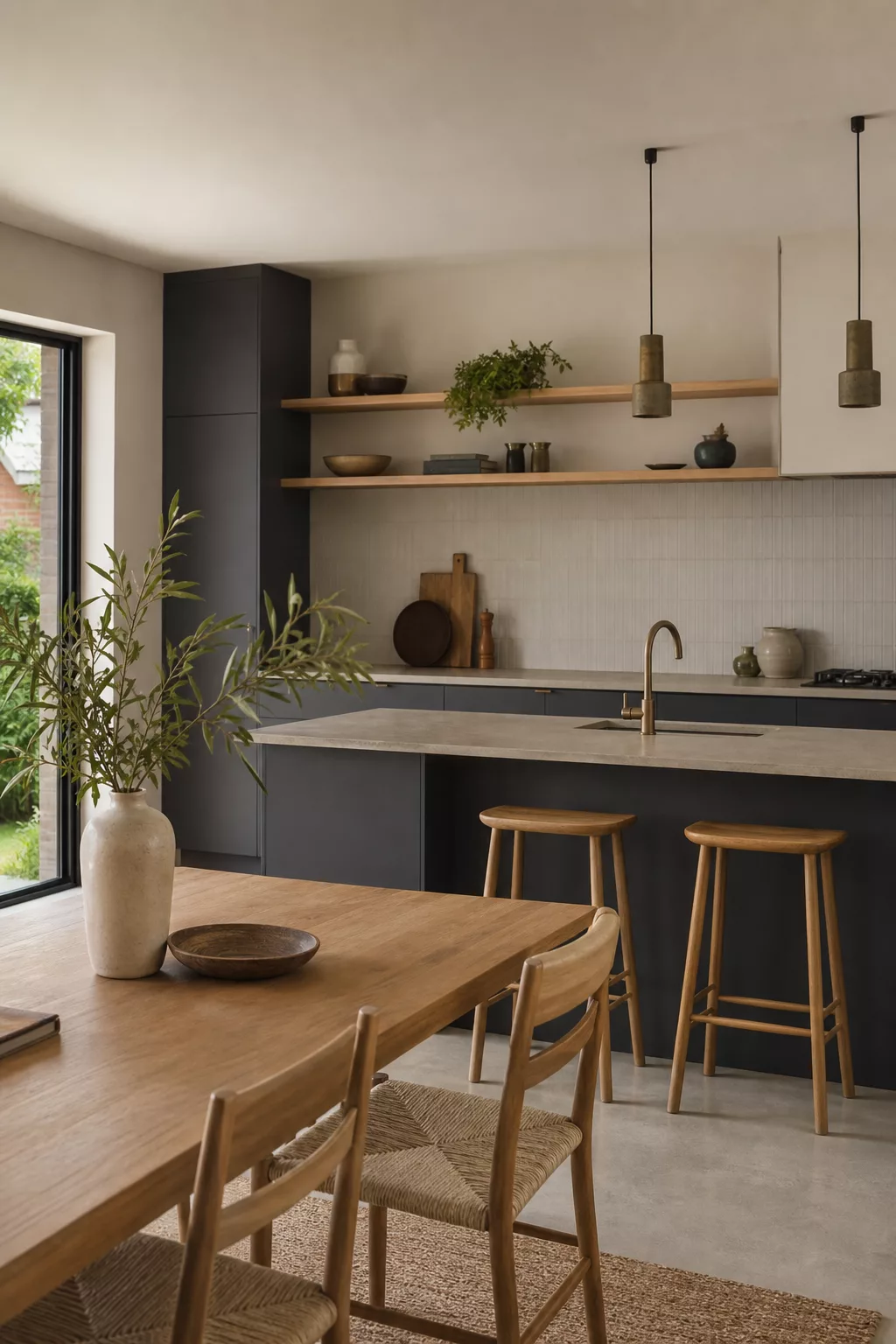 Charcoal cabinetry and timber shelving in an open Japandi kitchen design