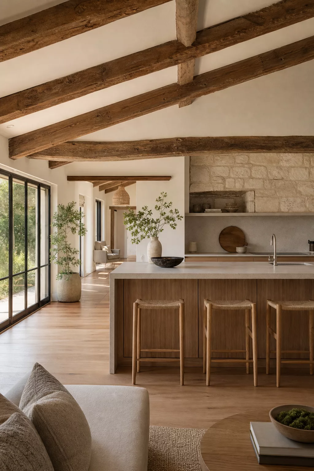 Japandi open kitchen design with reclaimed wood beam ceiling and stone backsplash
