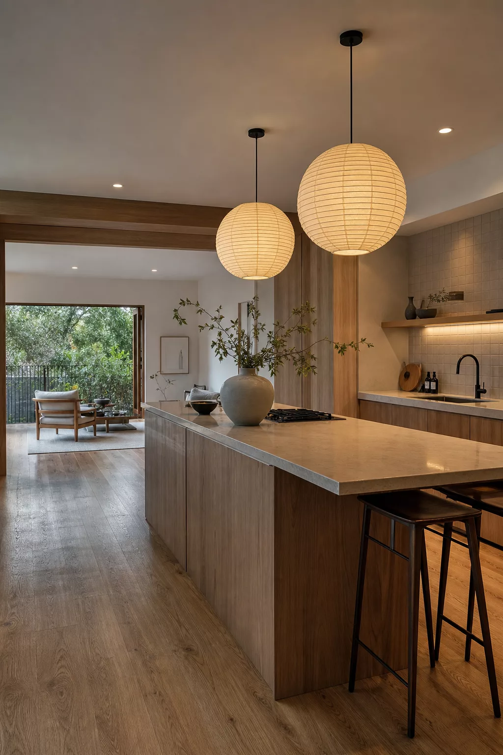 Paper pendant lights over kitchen island in a Japandi open kitchen design