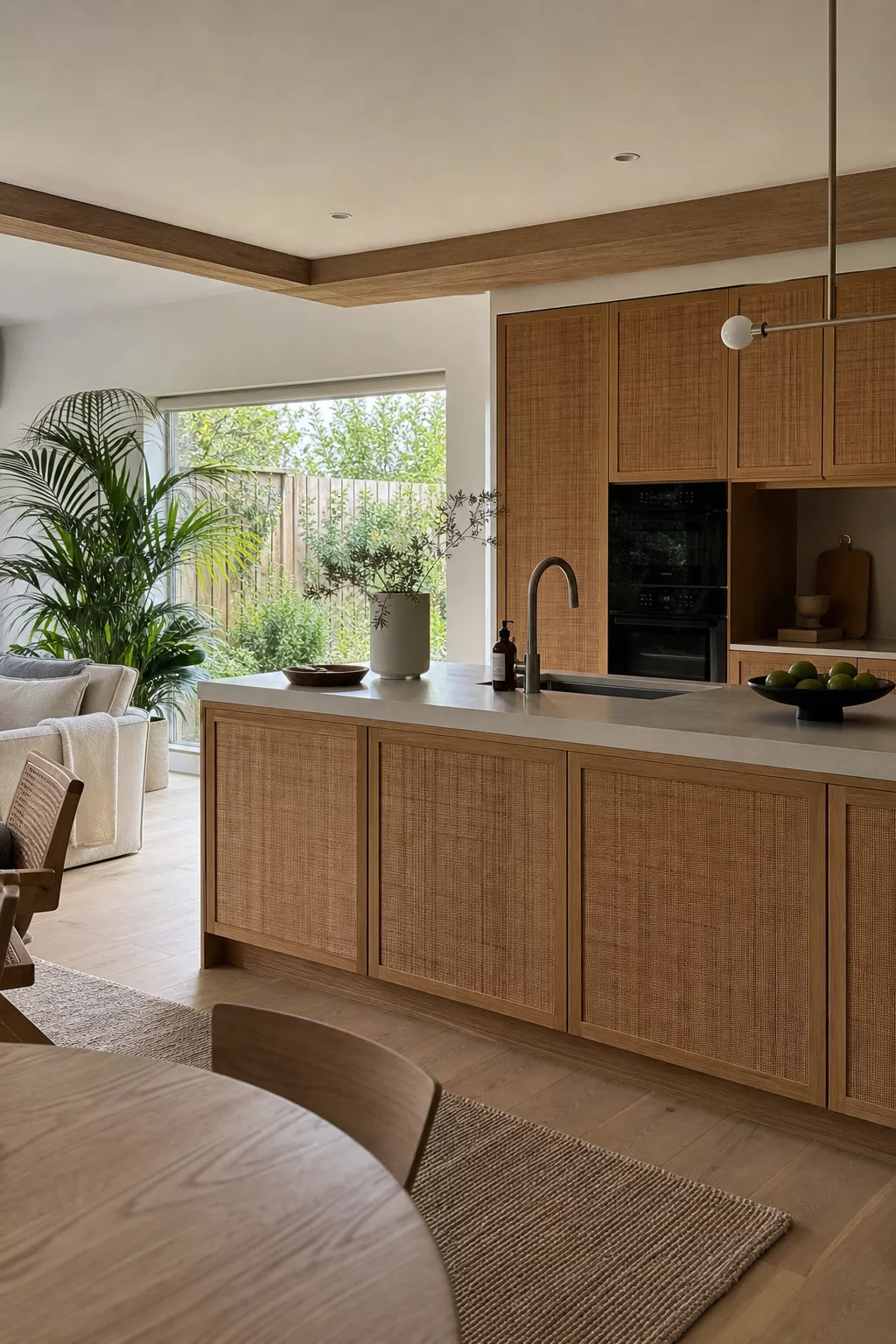 Open Japandi kitchen design with woven bamboo cabinet panels and wood beam ceiling