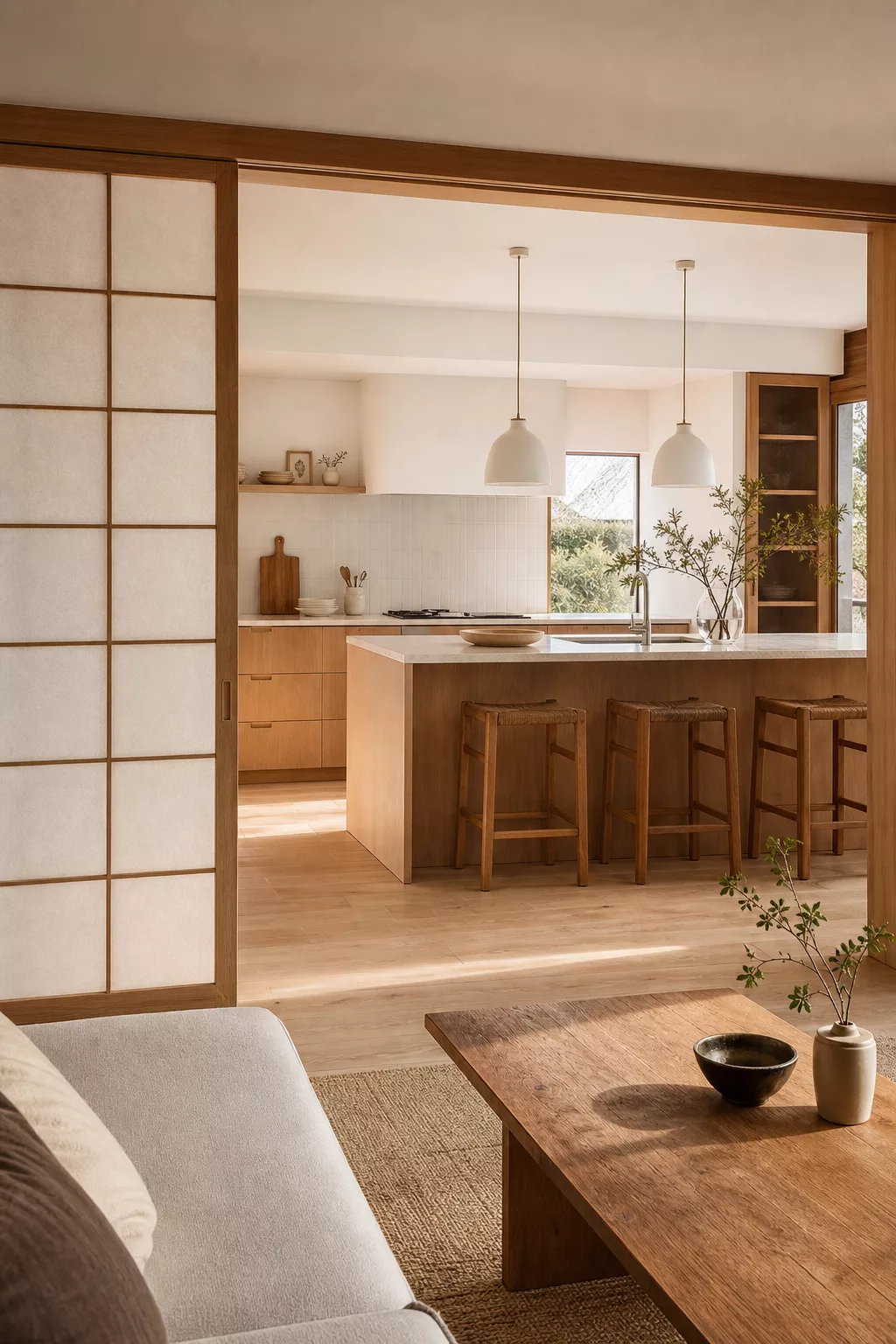 Sliding shoji panel divider in a Japandi open kitchen design with natural wood tones