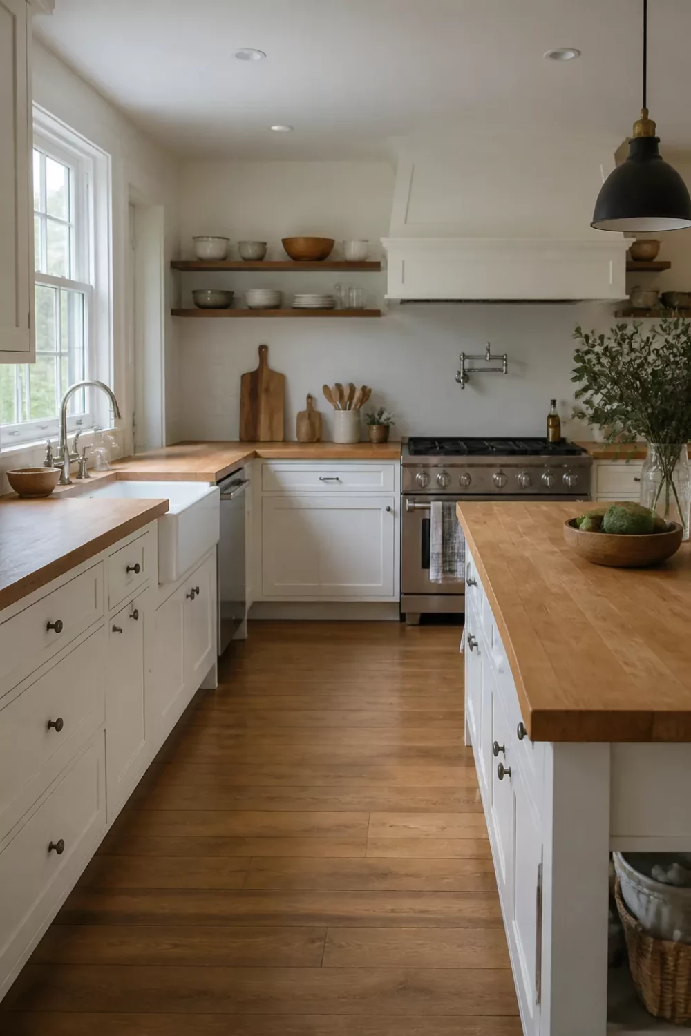 White shaker kitchen with maple butcher block countertops, farmhouse sink, and open wood shelving — kitchen butcher block countertops