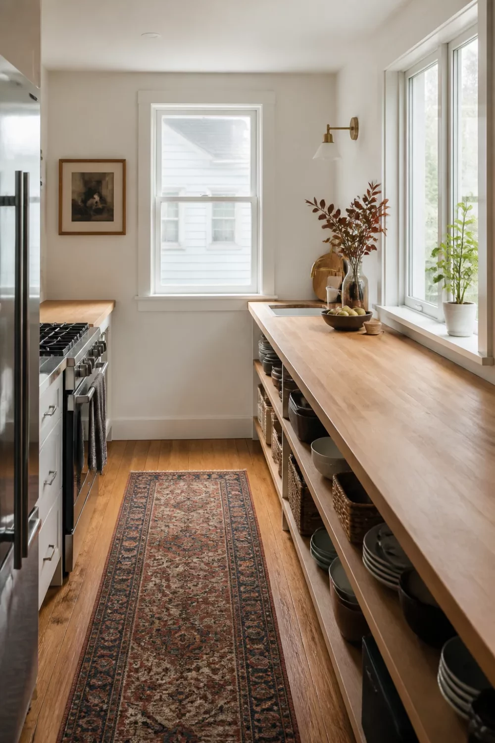 Galley kitchen butcher block countertops on open shelving base with woven baskets and oak floors