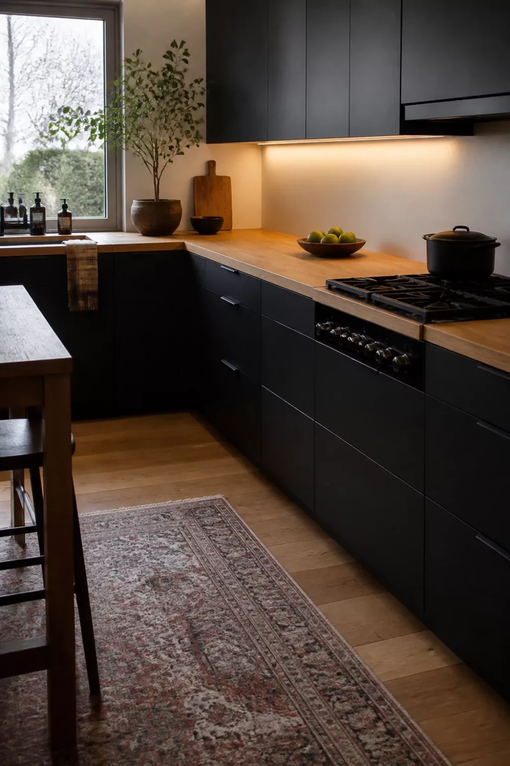 Matte black flat-front kitchen with warm butcher block countertops, under-cabinet lighting, and a vintage runner rug