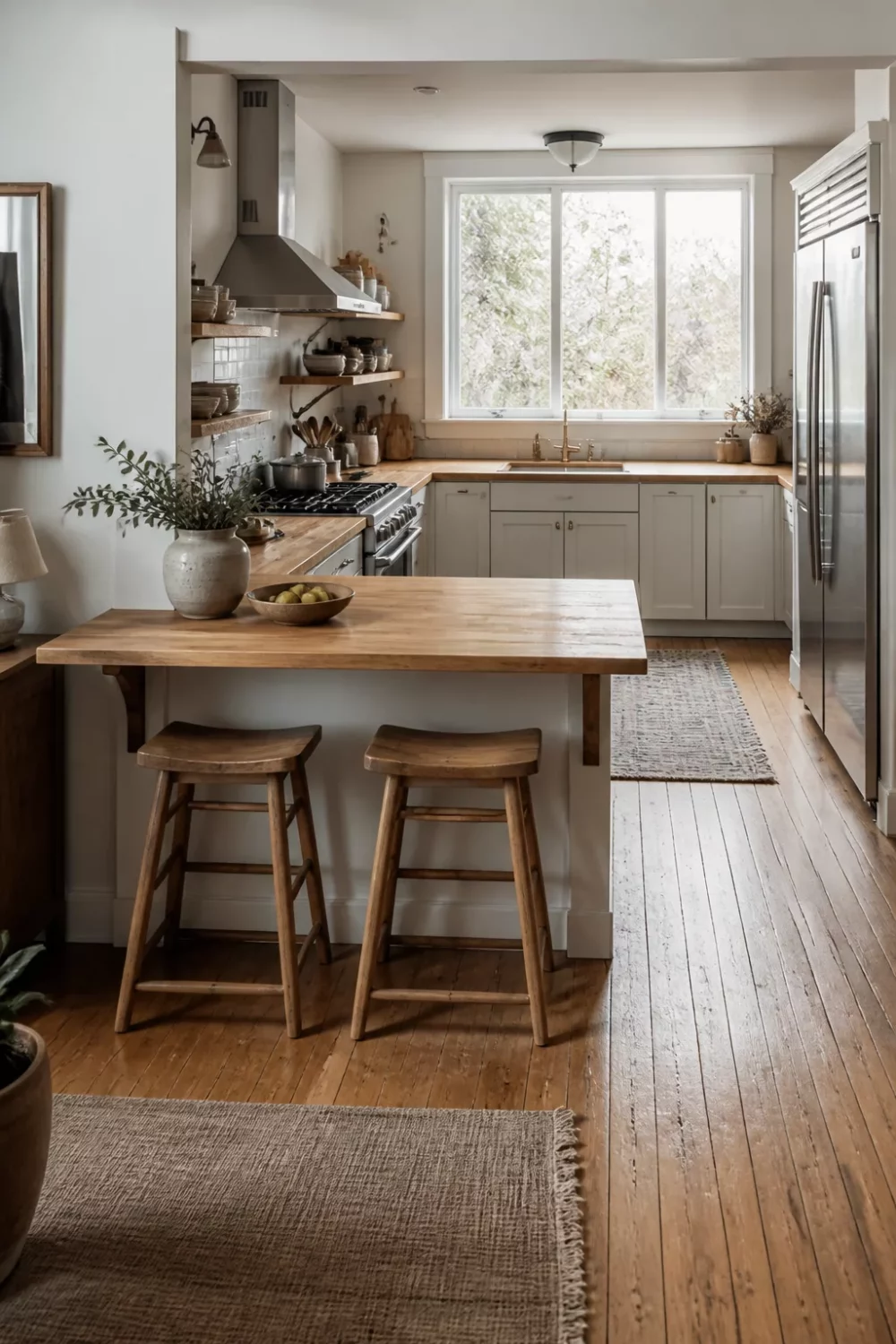 Kitchen butcher block countertops on a wood peninsula with overhang and backless stools, warm honey tones.