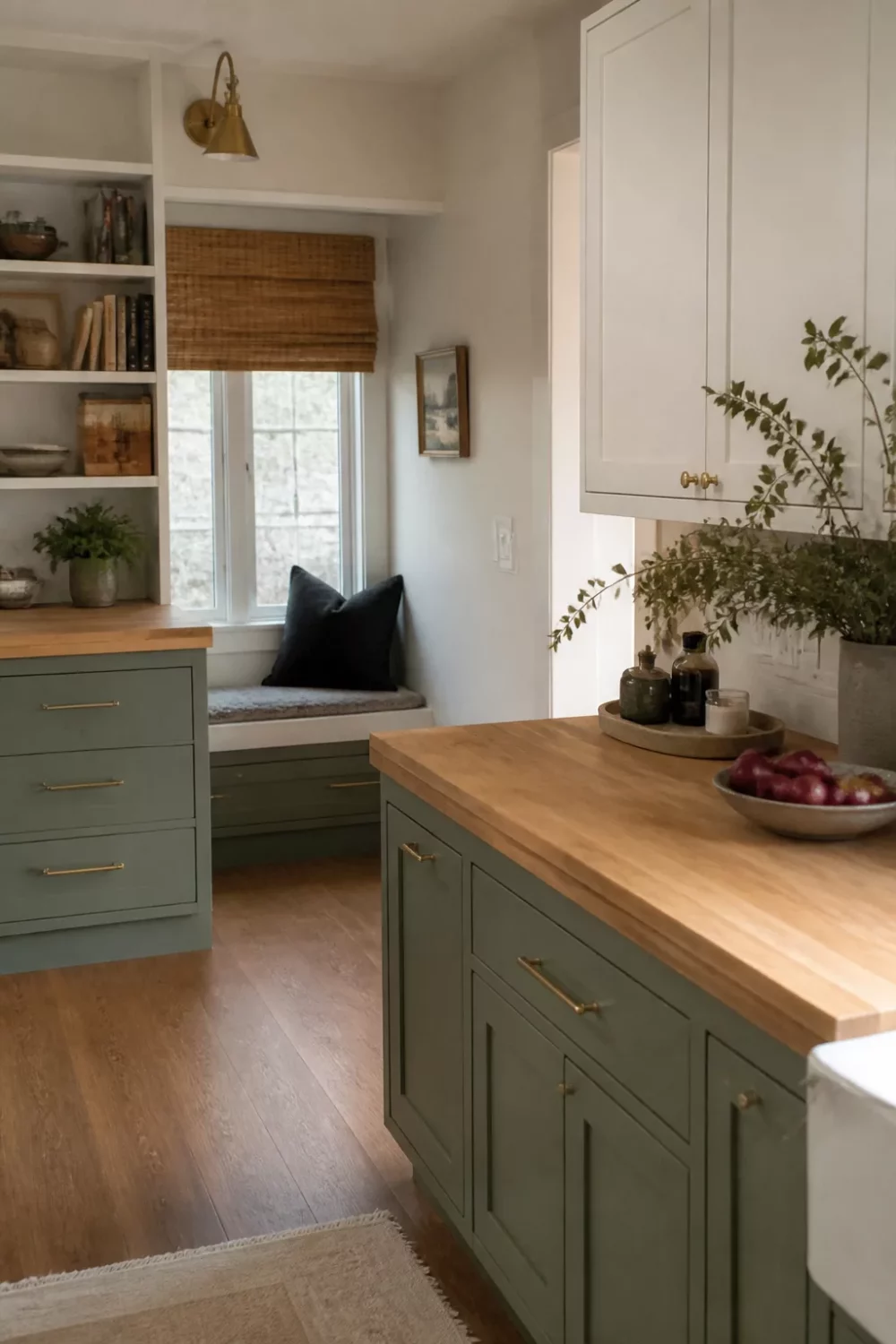 Sage green kitchen cabinets with butcher block countertops, brass hardware, window seat, and open shelving