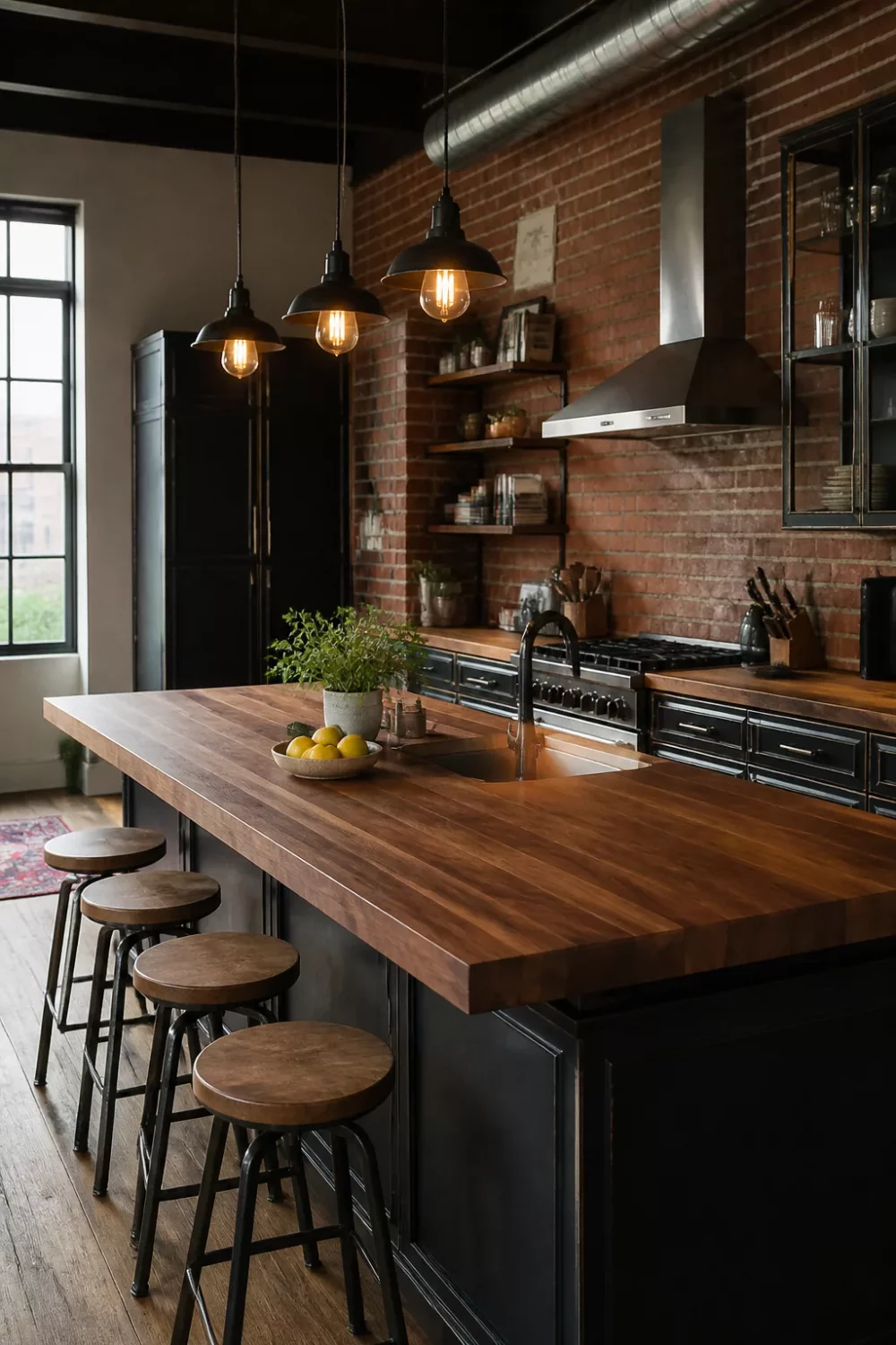 Industrial kitchen with oiled walnut butcher block countertops, exposed brick wall, black island, and Edison pendant lights