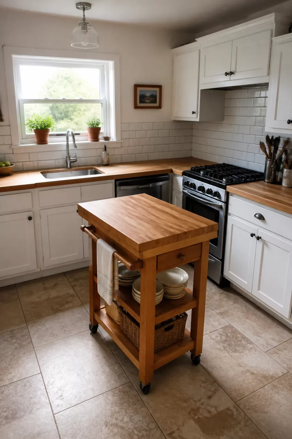 Small kitchen with butcher block countertops and a rolling freestanding butcher block cart with white subway tile backsplash