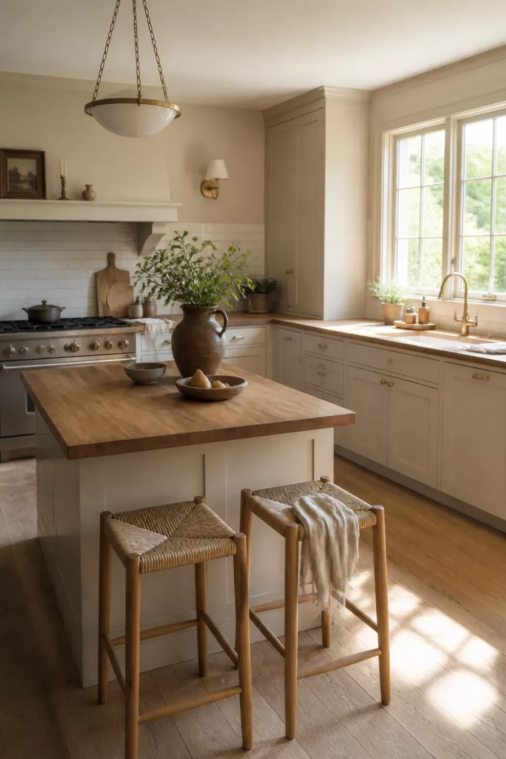 Kitchen butcher block countertops in white oak with unlacquered brass hardware, rattan stools, and natural light