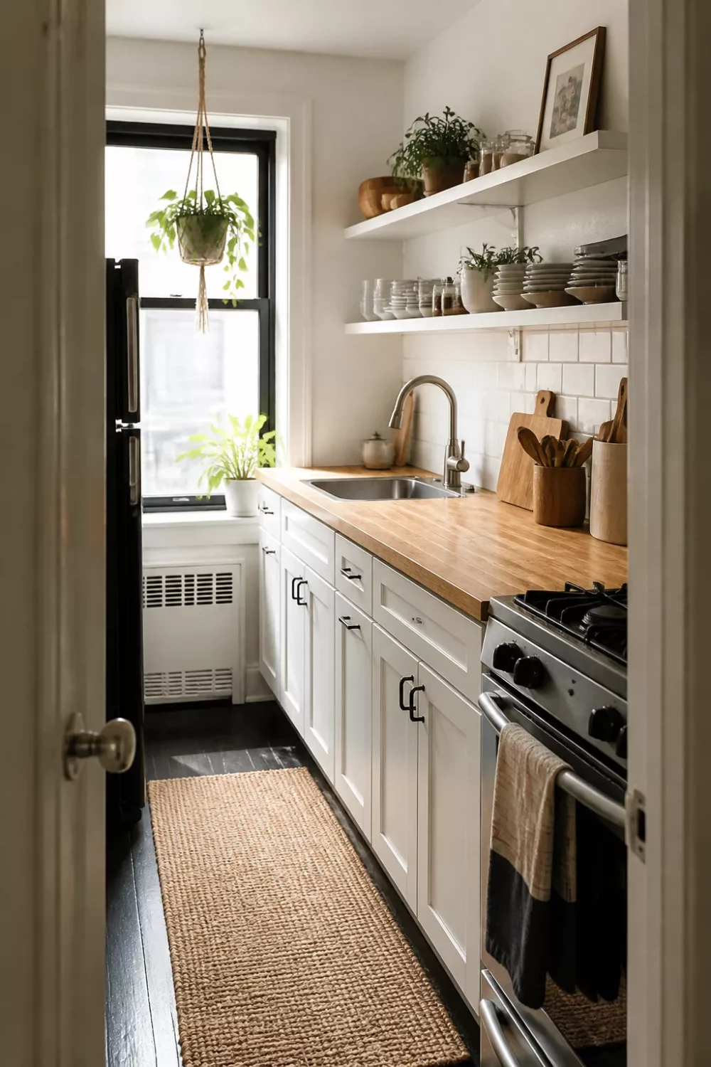 Narrow galley apartment kitchen with honey-toned butcher block countertops, white cabinets, and open shelving