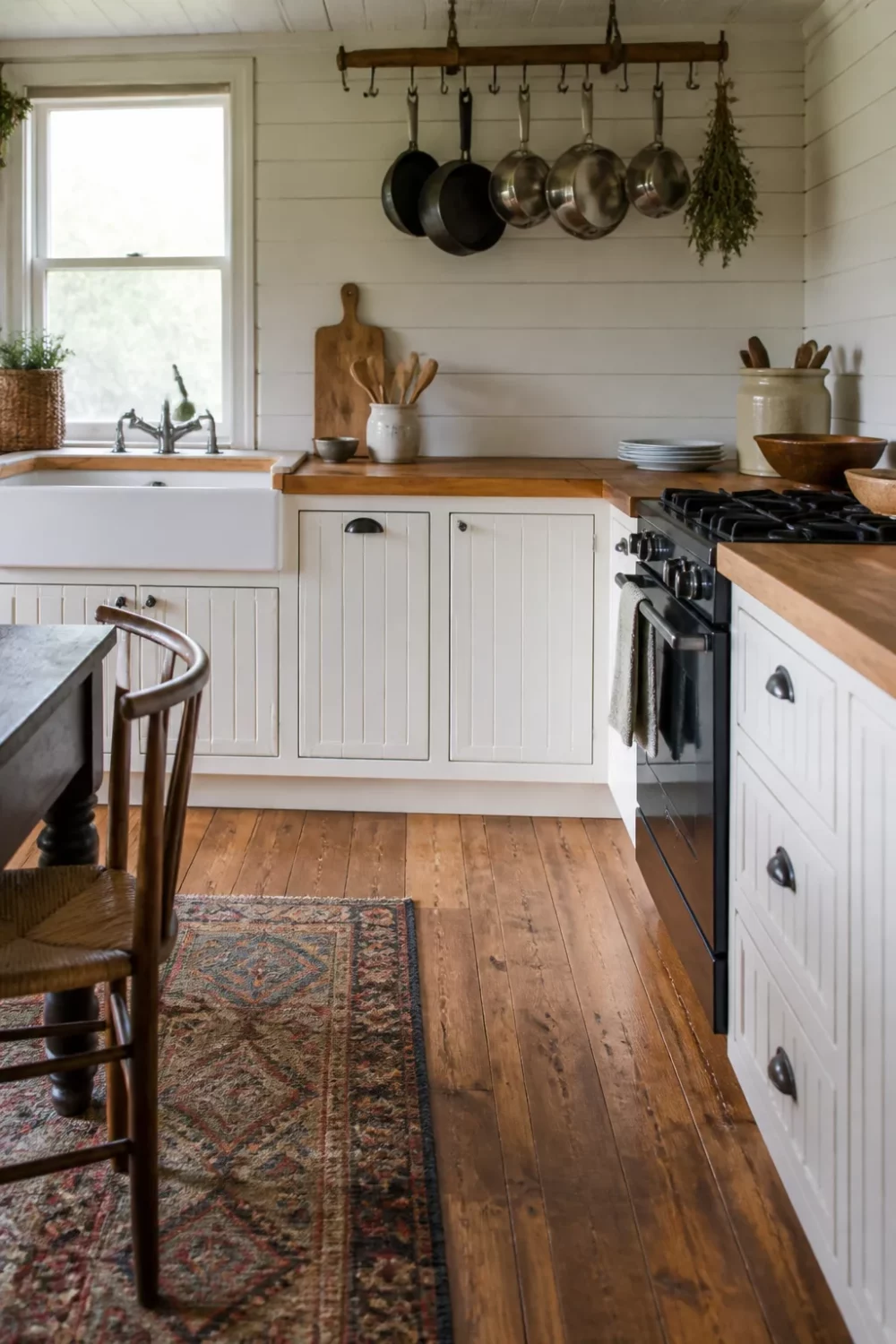 Farmhouse kitchen with butcher block countertops, beadboard cabinets, shiplap walls, and wide-plank pine floors