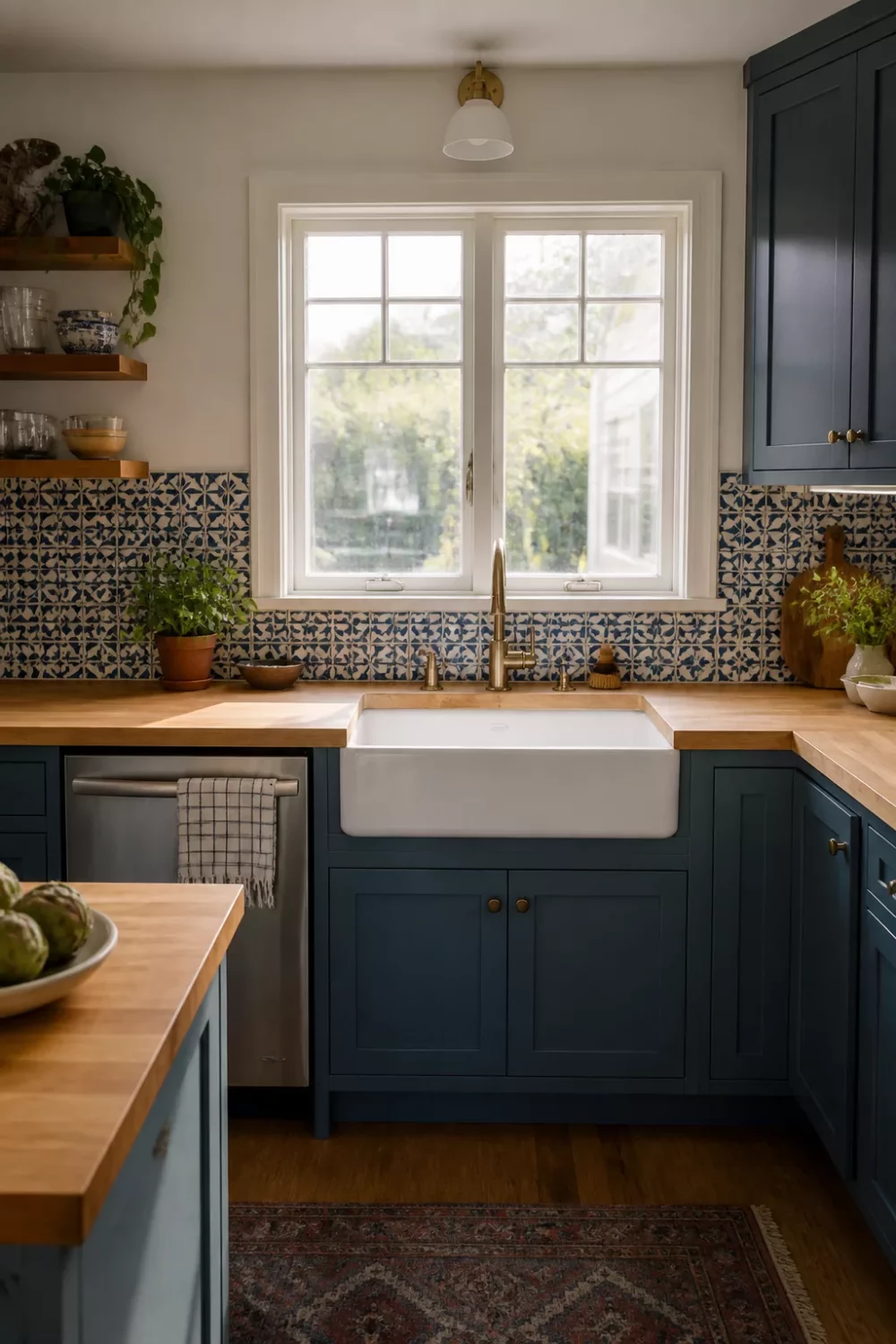 Kitchen butcher block countertops with blue shaker cabinets, patterned tile backsplash, brass faucet, and farmhouse sink.