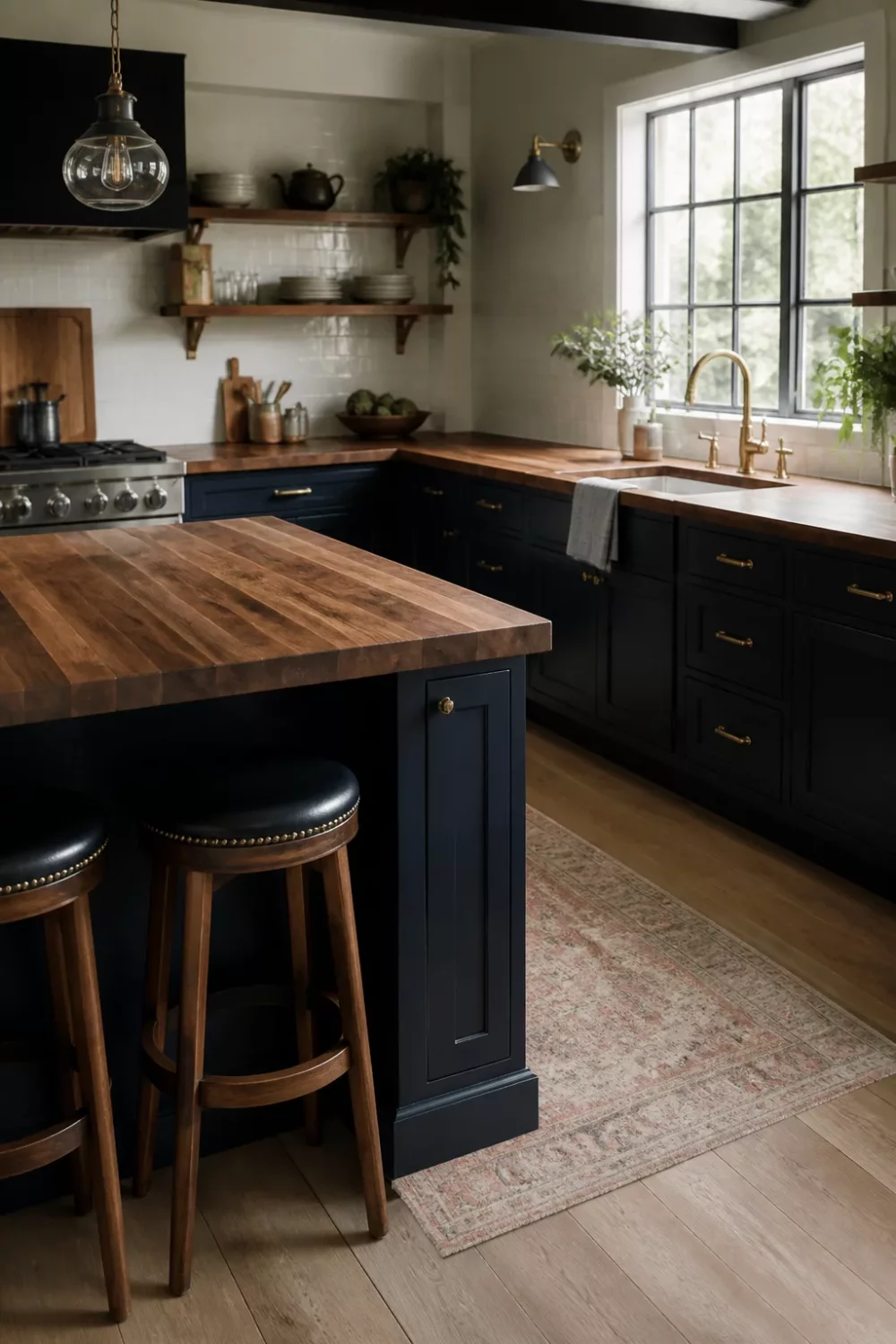 Dark navy kitchen with walnut butcher block countertops, brass hardware, open shelving, and farmhouse sink